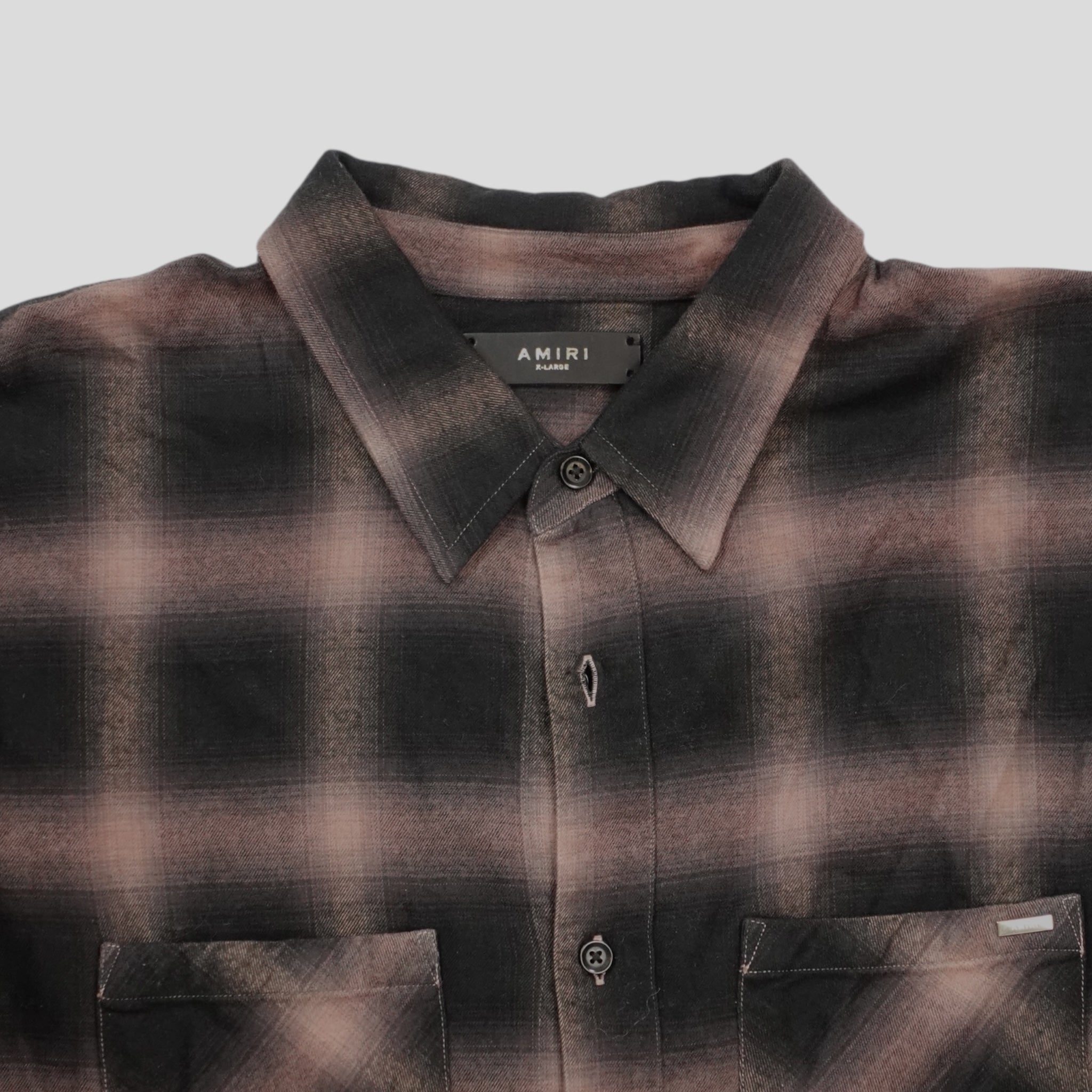 Amiri Distressed Plaid Button Up in Brown