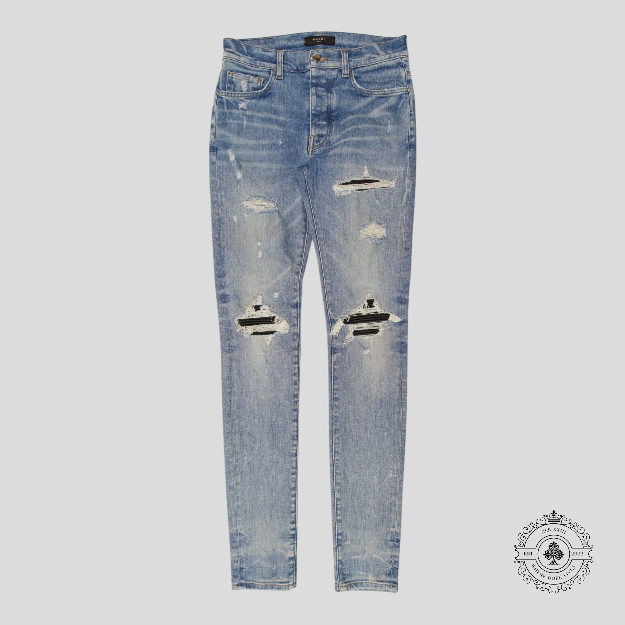 Amiri MX1 Leather Patch Jeans in Light Indigo