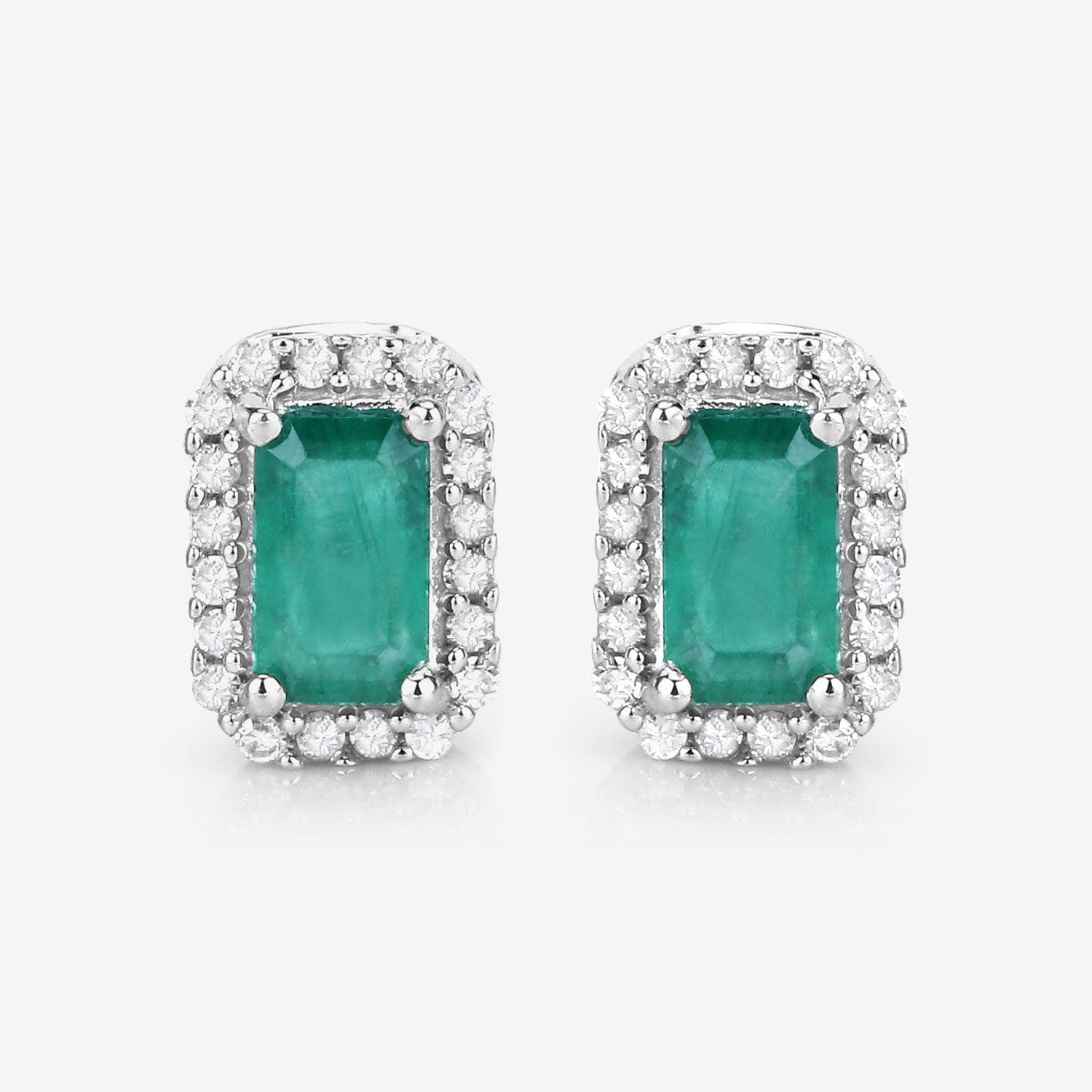 0.91 Carat Genuine Zambian Emerald and White Diamond 14K White Gold Earrings
