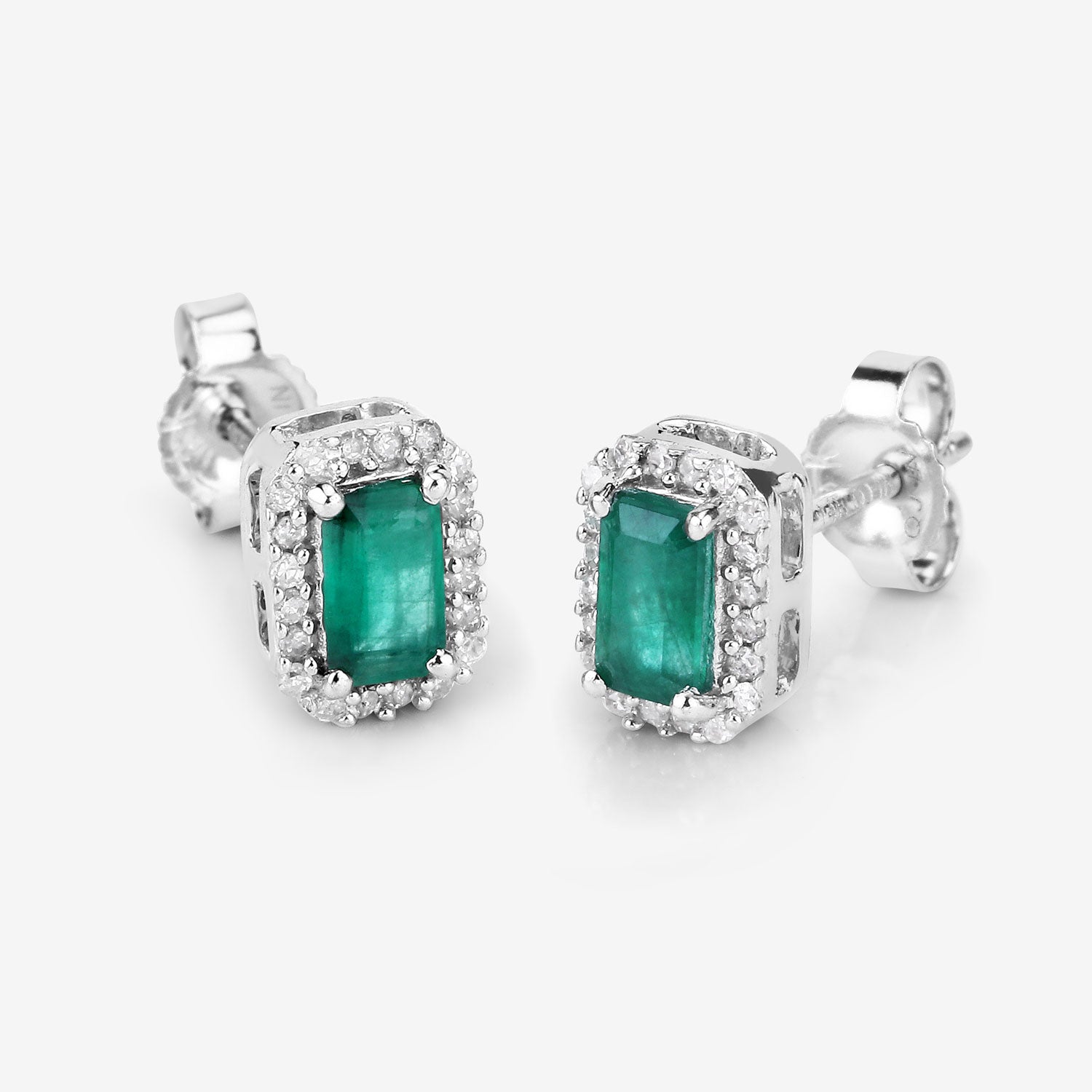 0.91 Carat Genuine Zambian Emerald and White Diamond 14K White Gold Earrings