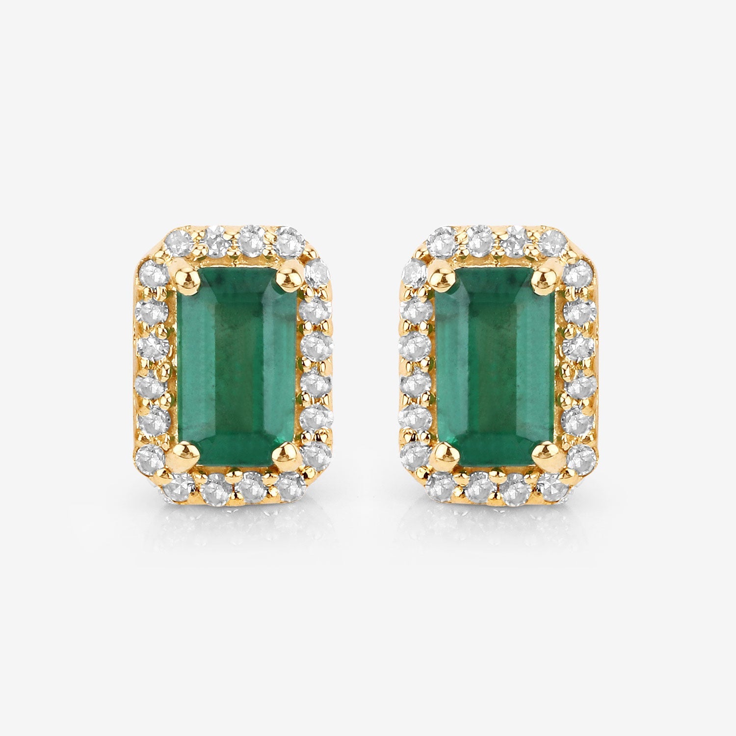 0.91 Carat Genuine Zambian Emerald and White Diamond 14K Yellow Gold Earrings