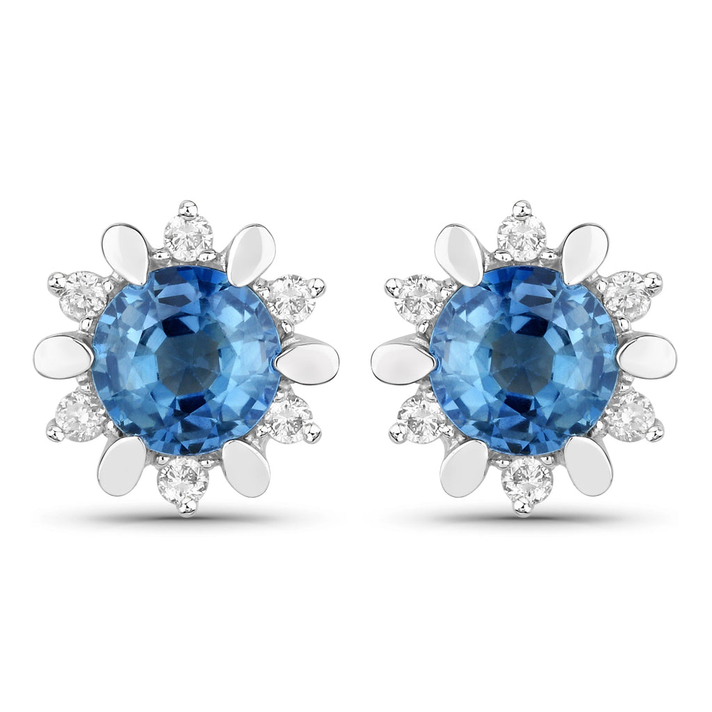 1.87 Carat Genuine Blue Sapphire and White Diamond 14K White Gold Earrings
