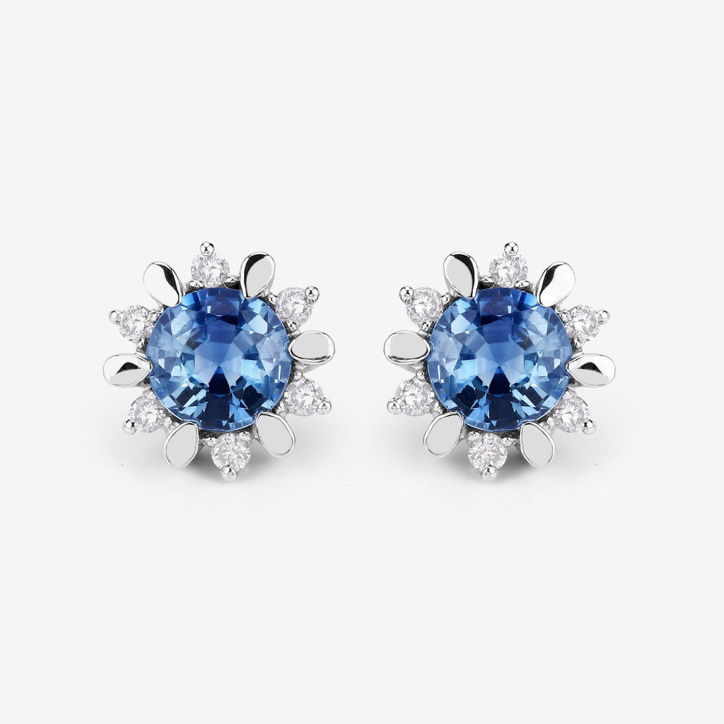 1.87 Carat Genuine Blue Sapphire and White Diamond 14K White Gold Earrings