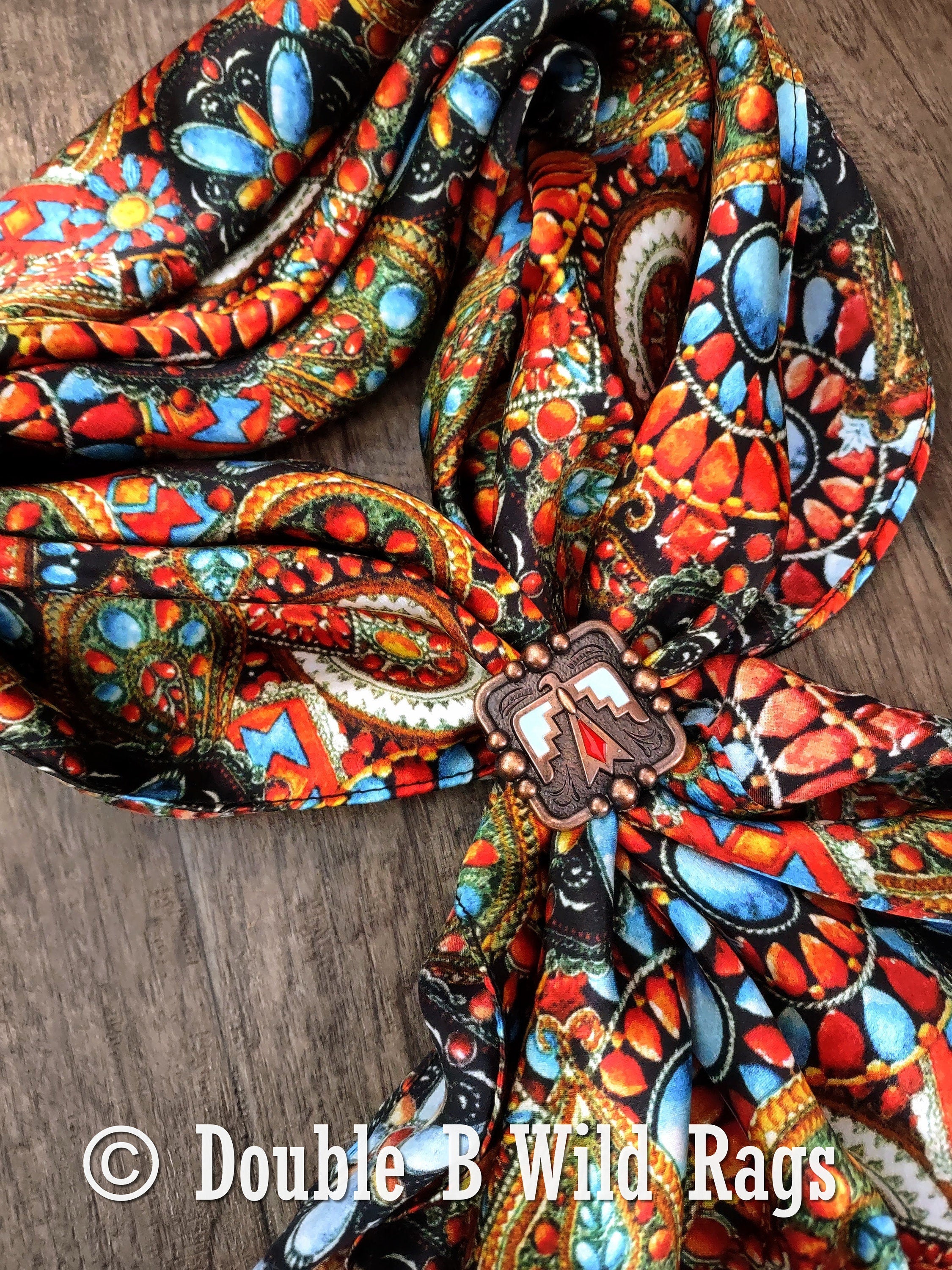 Wild Rag 100% Silk Native Indian Southwest Turquoise and Jewels Cowboy Western Neck Scarf Bandanna by Double B Wild Rags