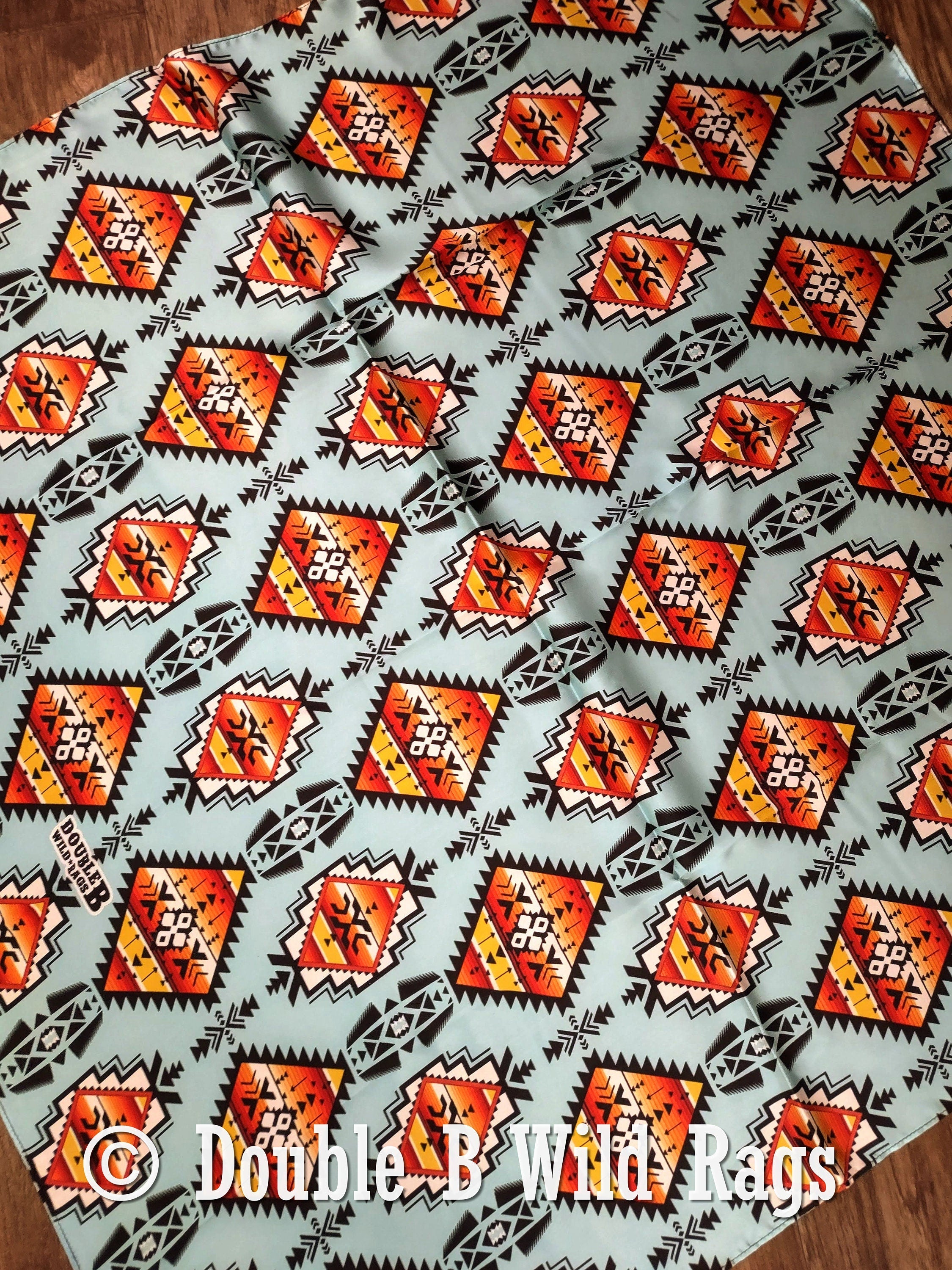 Wild Rag 100% Silk Light Blue with Orange Serape Cowboy Western Neck Scarf Bandanna by Double B Wild Rags