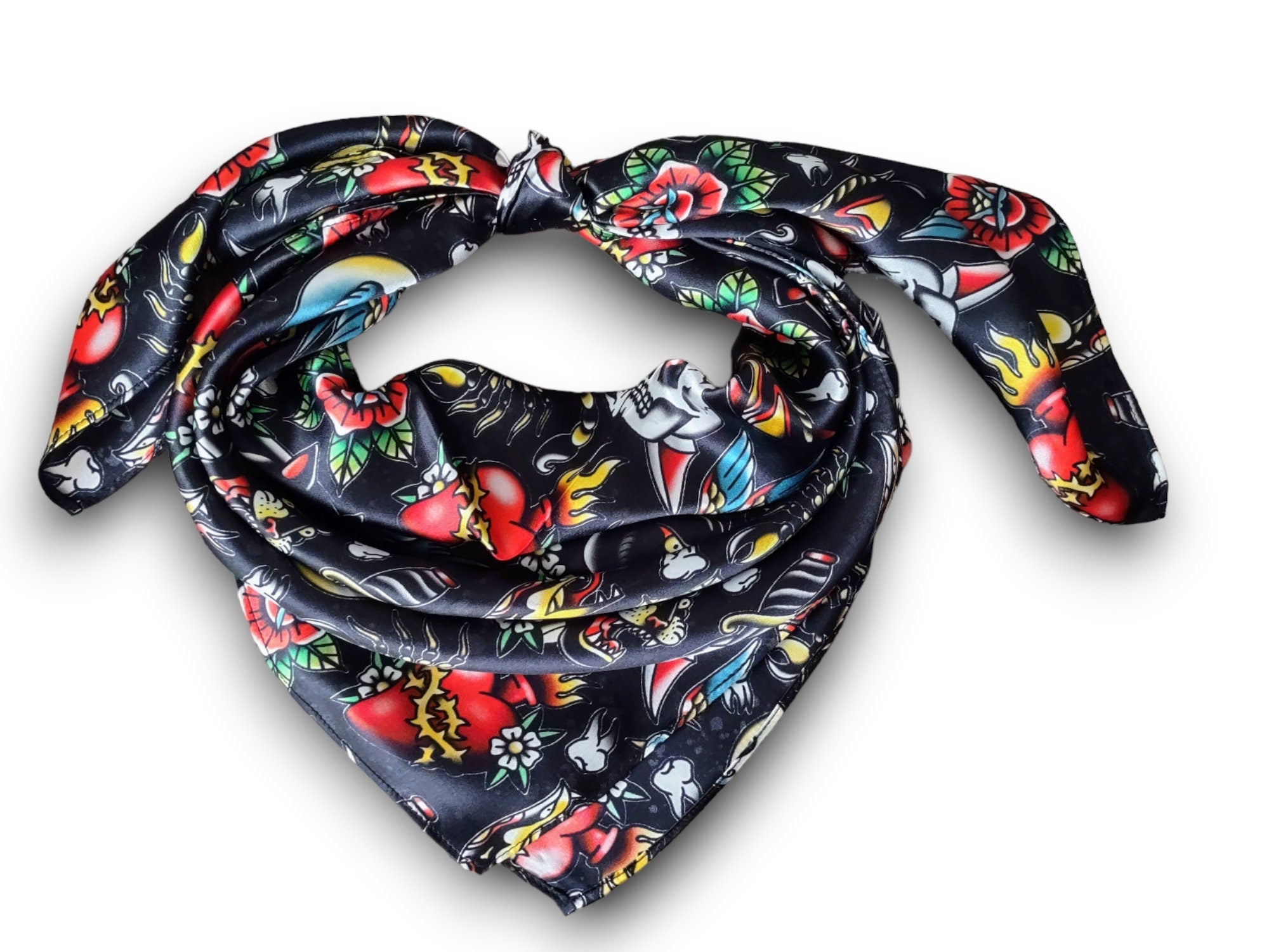 Wild Rag 100% SILK Black with Classic Tattoos Cowboy Western Neck Scarf Bandanna by Double B Wild Rags
