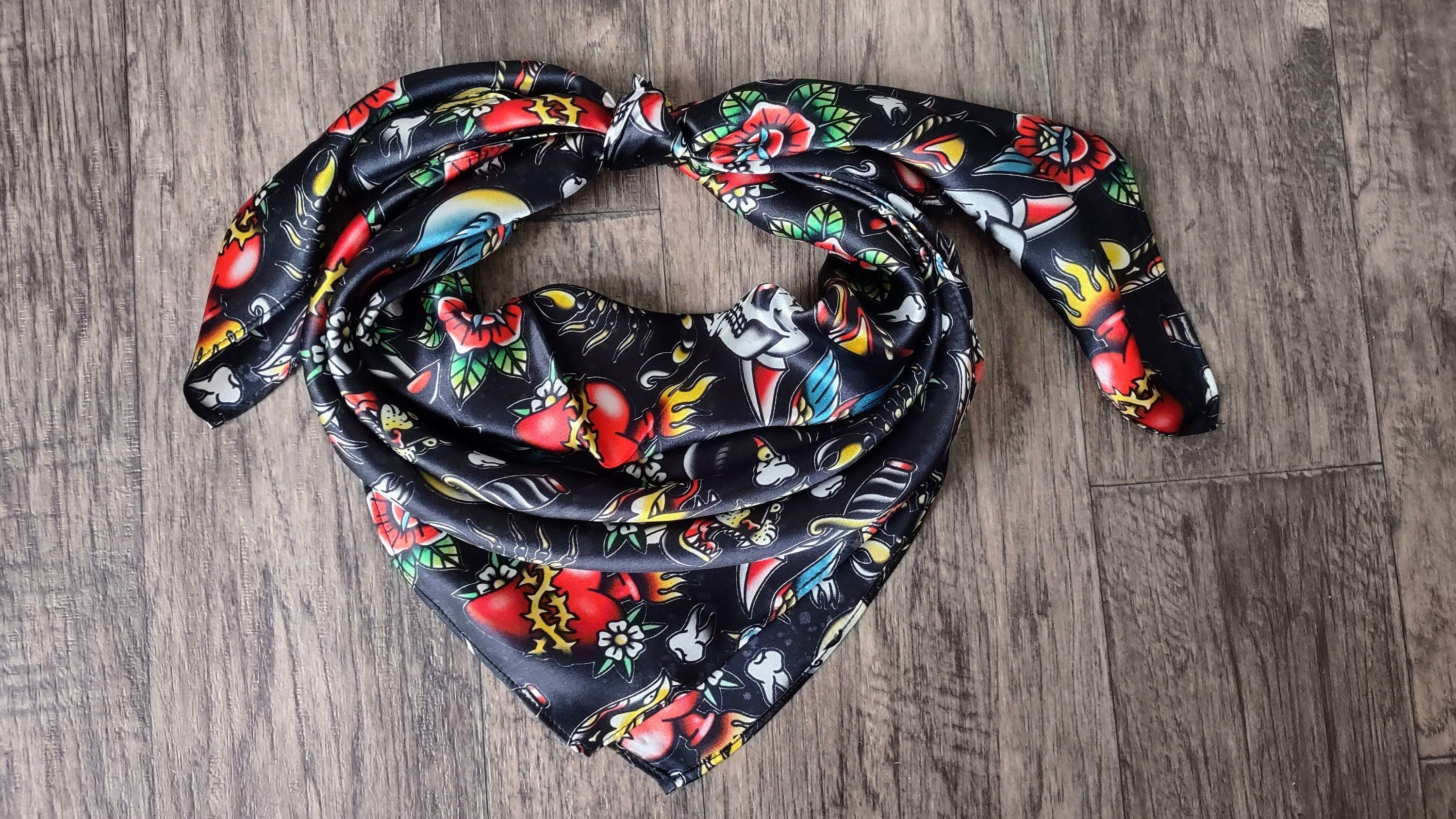 Wild Rag 100% SILK Black with Classic Tattoos Cowboy Western Neck Scarf Bandanna by Double B Wild Rags