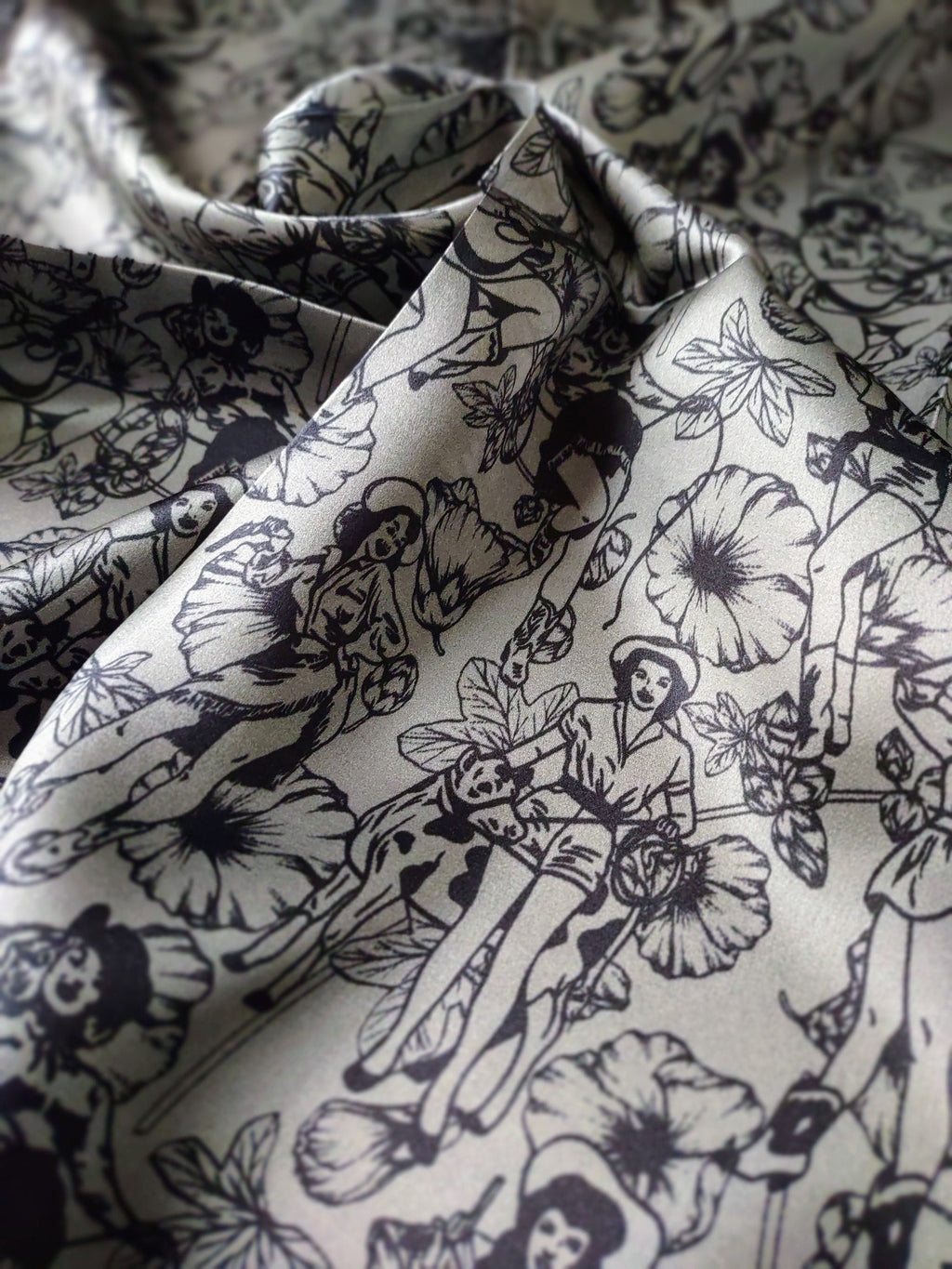 Wild Rag 100% SILK Dark Grey Pin Up Cowgirls and Hollyhock flowers Cowboy Western Neck Scarf Bandanna by Double B Wild Rags