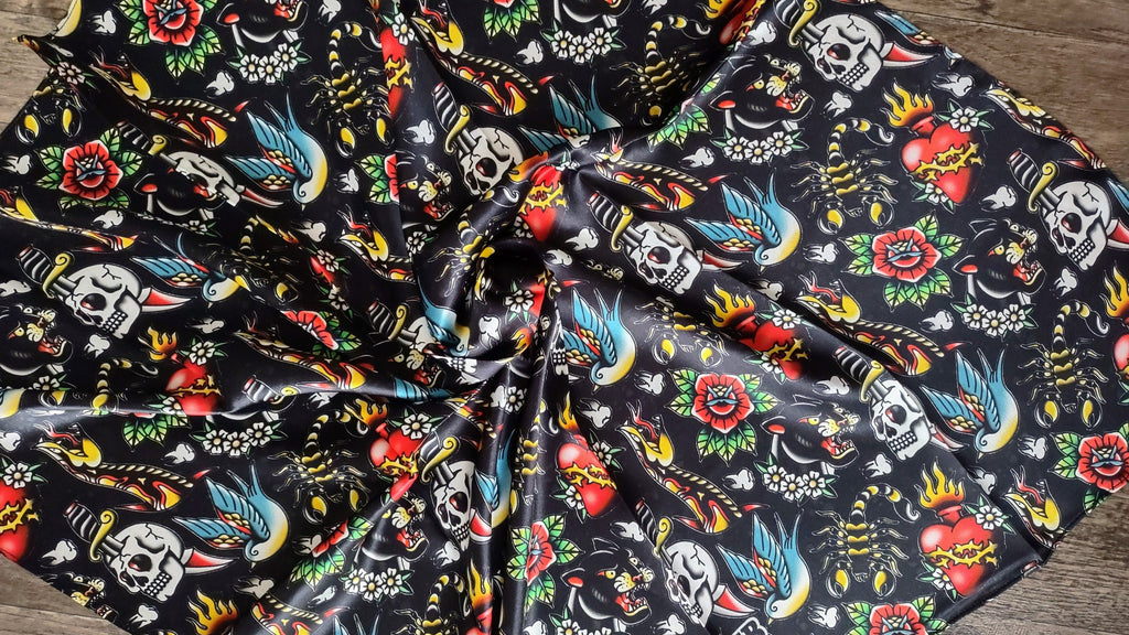 Wild Rag 100% SILK Black with Classic Tattoos Cowboy Western Neck Scarf Bandanna by Double B Wild Rags
