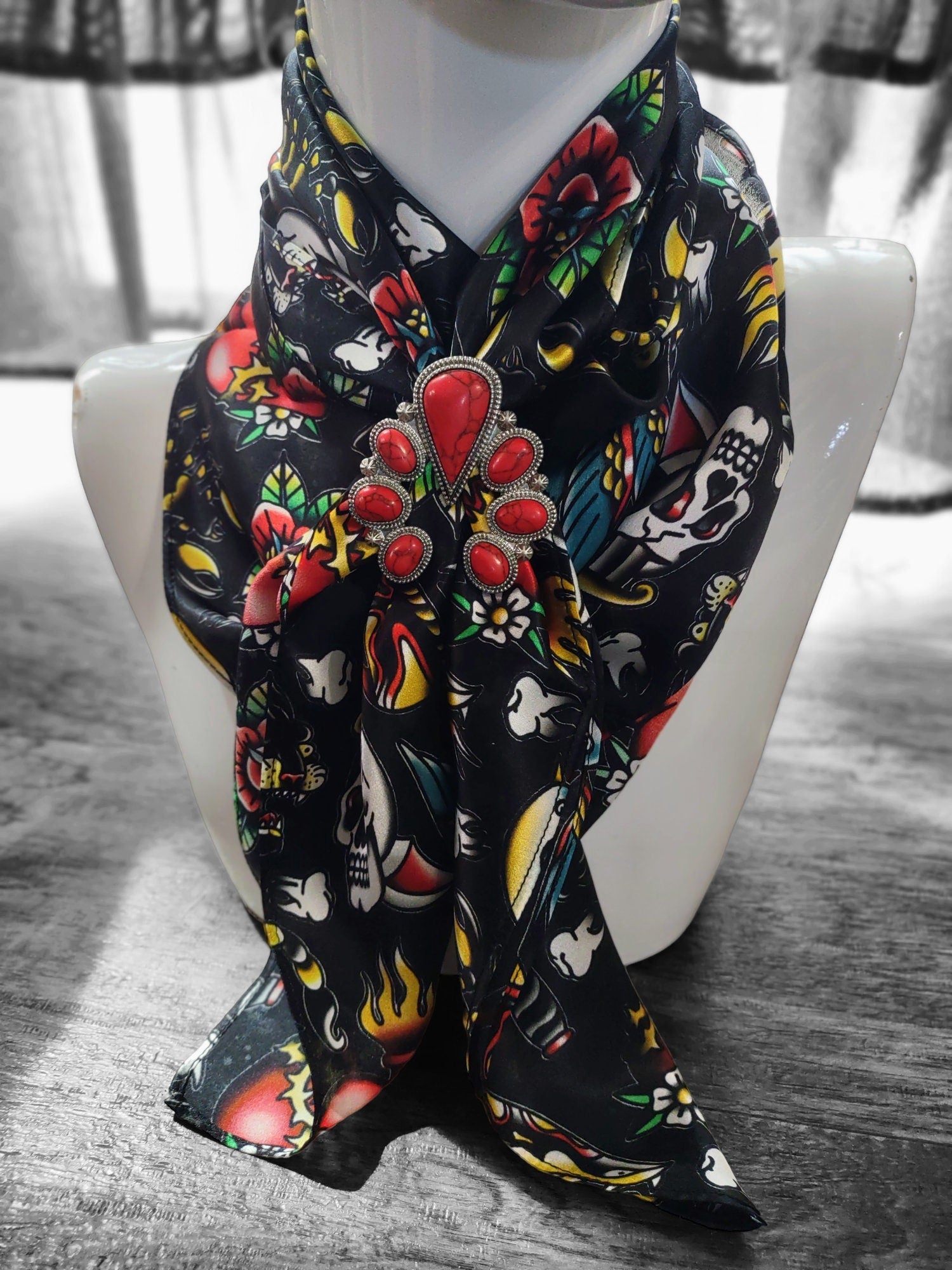 Wild Rag 100% SILK Black with Classic Tattoos Cowboy Western Neck Scarf Bandanna by Double B Wild Rags