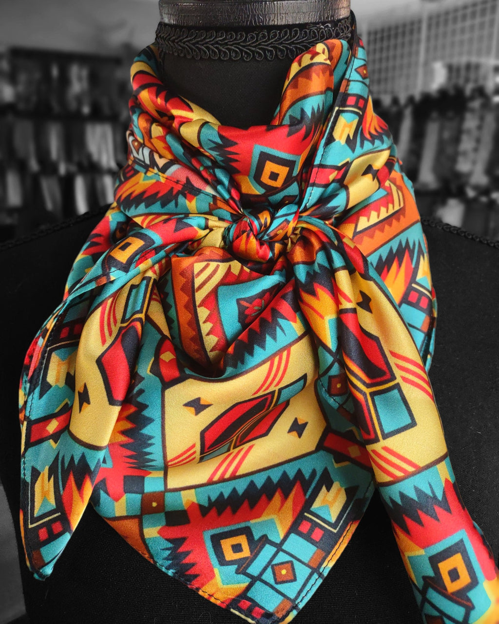 Silk Wild Rag Red, Yellow, Blue Aztec by Double B Wild Rags