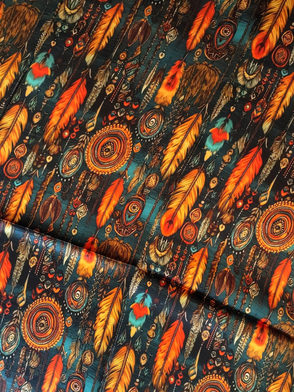 Wild Rag 100% SILK Teal and Orange Native Boho Feathers Neck Scarf Bandanna by Double B Wild Rags