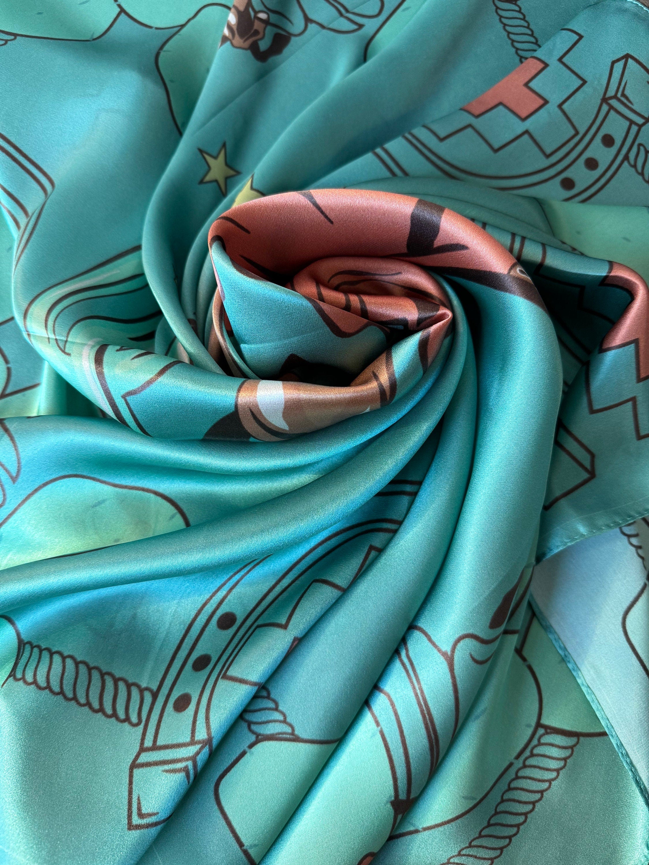 Wild Rag 100% SILK Soft Teal Blue Desert Mustang horse and Cactus Cowboy Neck Scarf Bandanna by Double B Wild Rags