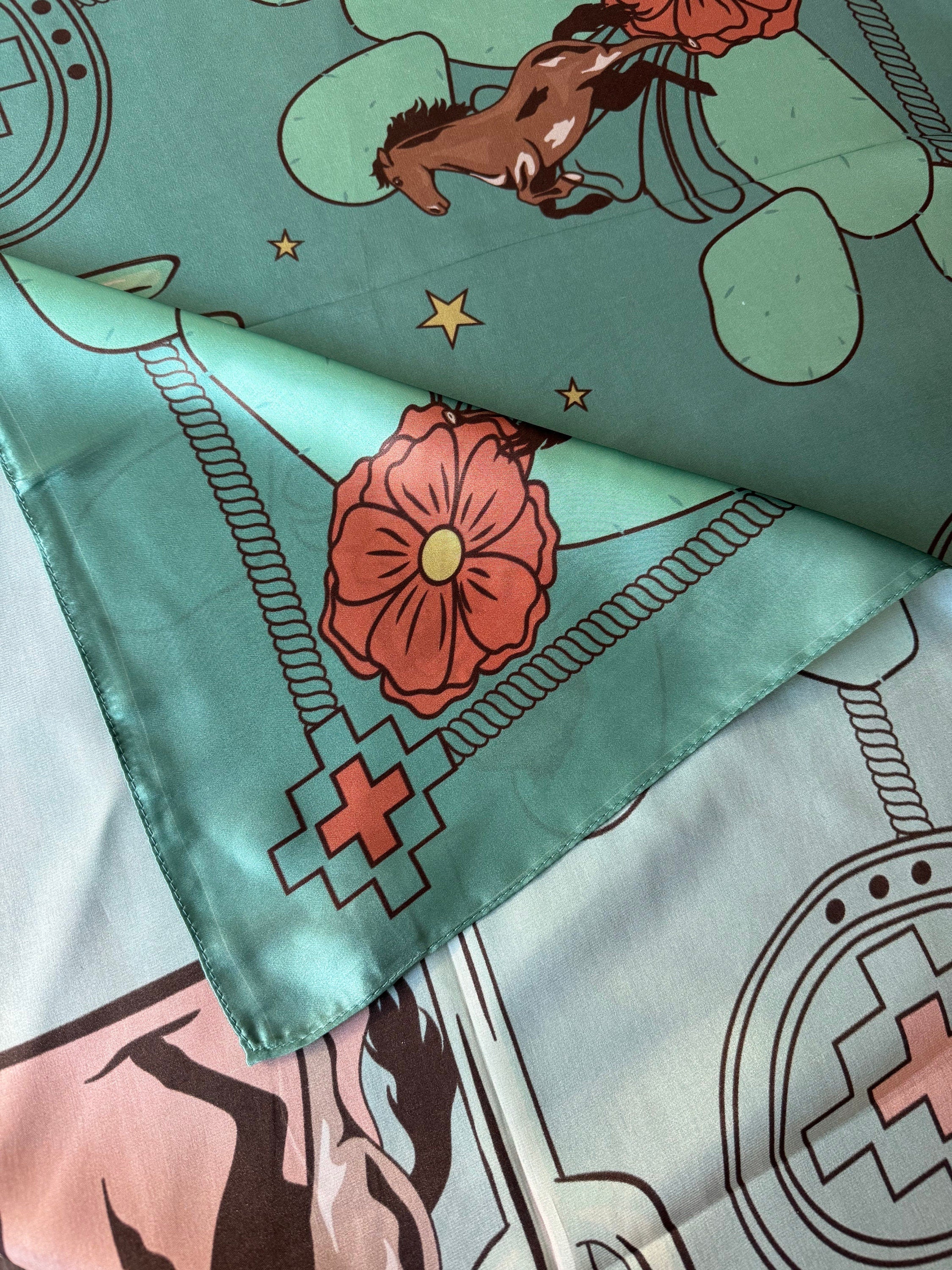 Wild Rag 100% SILK Soft Teal Blue Desert Mustang horse and Cactus Cowboy Neck Scarf Bandanna by Double B Wild Rags
