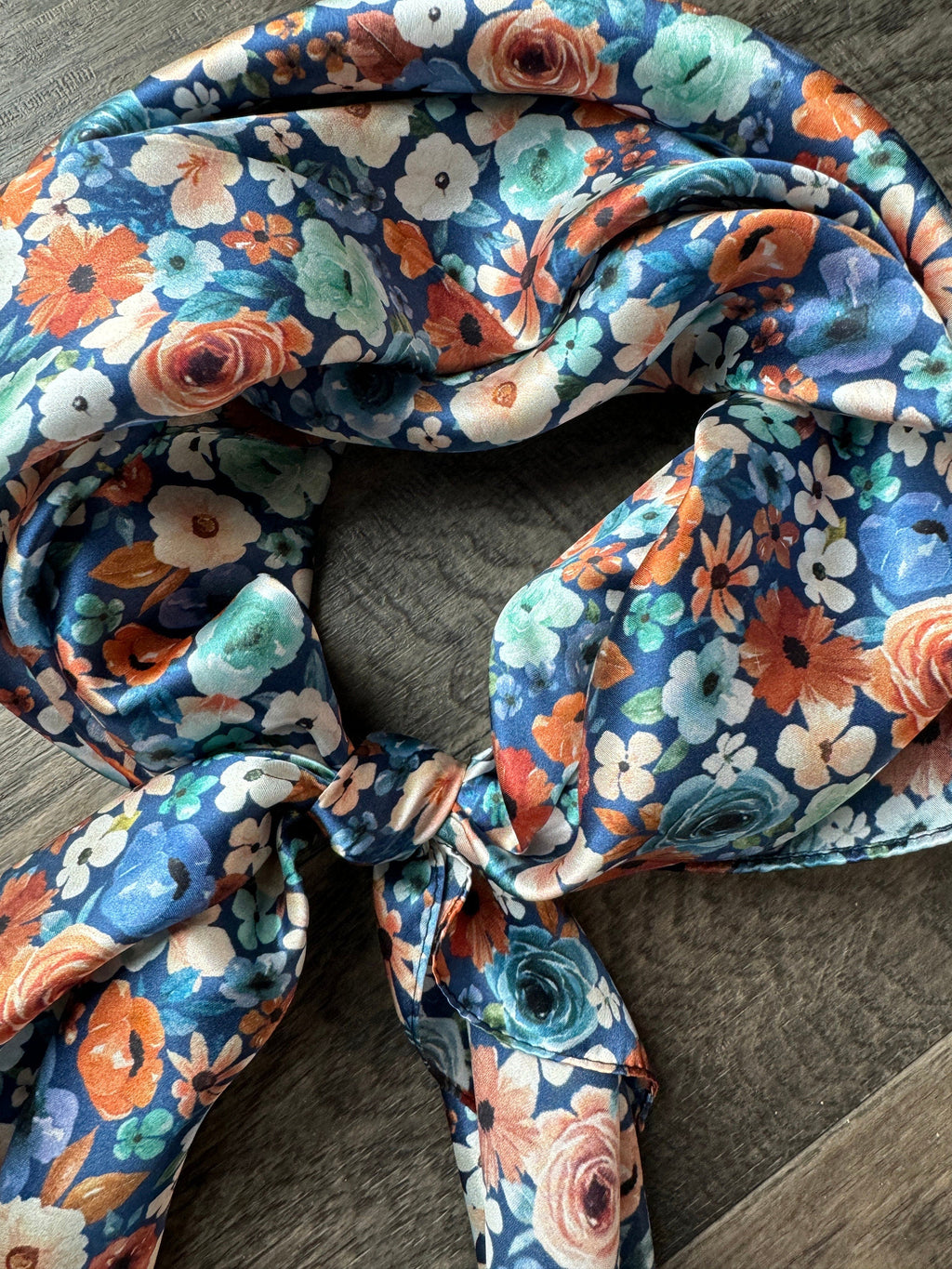 100% Silk Wild Rag Dainty Navy Orange and mint green floral by Double B Wild Rags