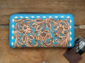 Western wallet zipper closure tooled floral leather turquoise details by Double B Wild Rags