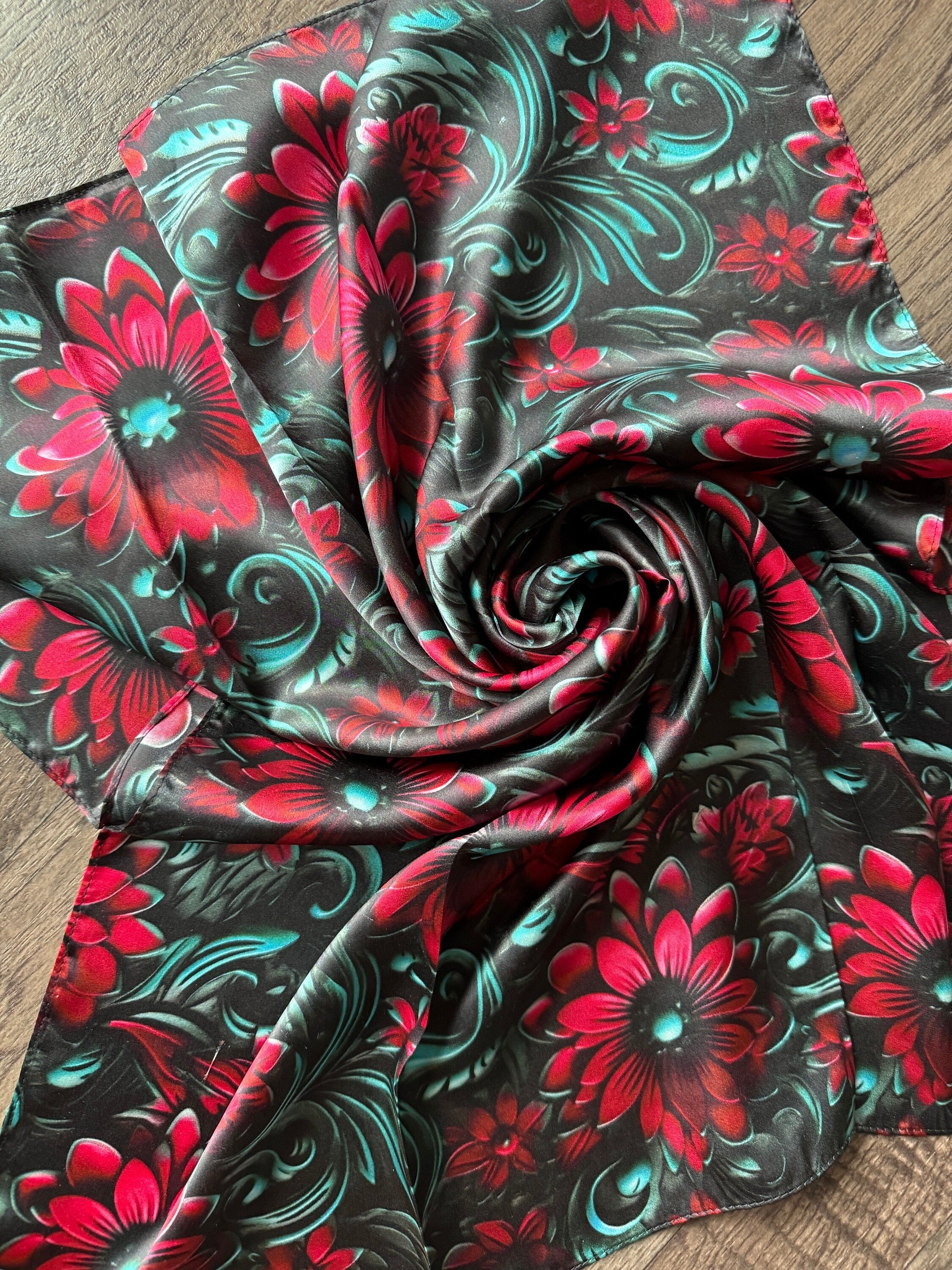 100% Silk Wild Rag Cranberry Red and Teal 3D Floral print by Double B Wild Rags