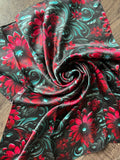 100% Silk Wild Rag Cranberry Red and Teal 3D Floral print by Double B Wild Rags