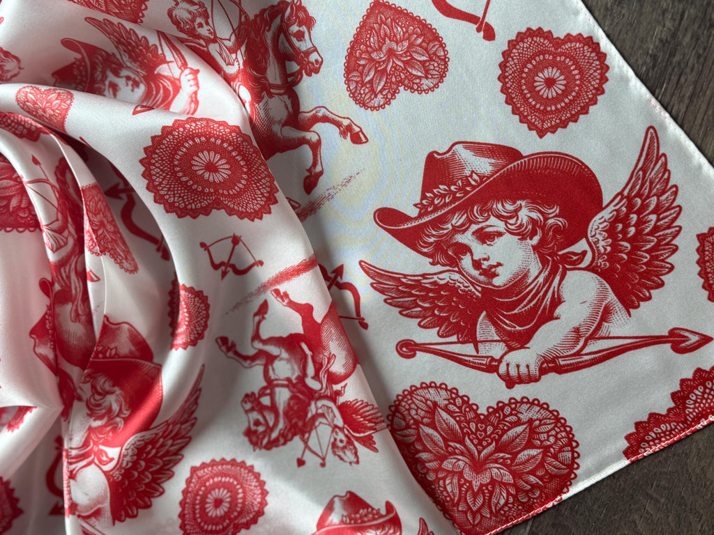 100% Silk Wild Rag Cowboy Cherubs and Hearts red and white Valentines