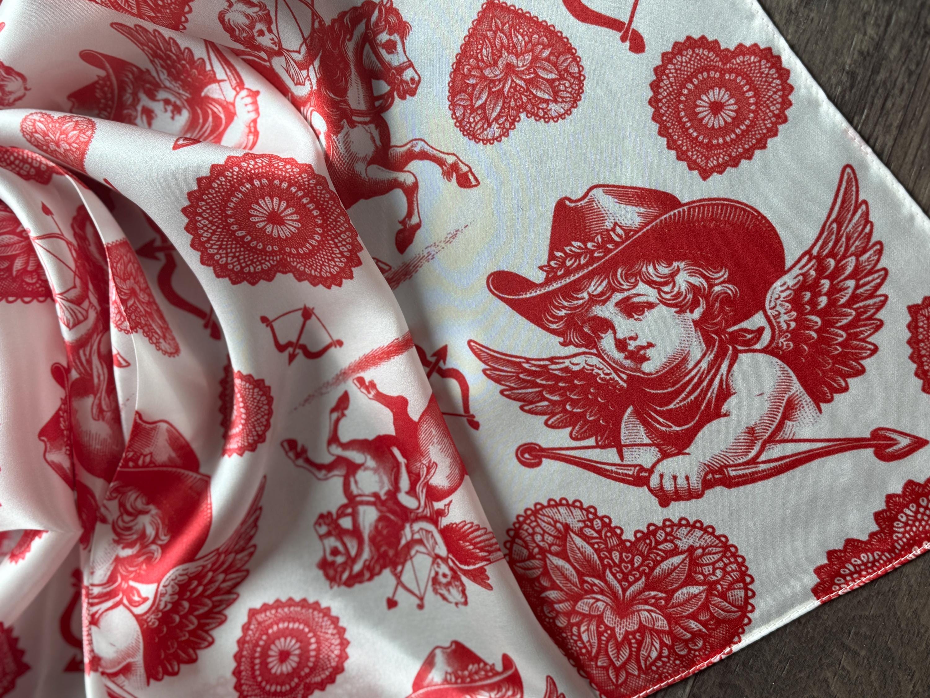 100% Silk Wild Rag Cowboy Cherubs and Hearts red and white Valentines