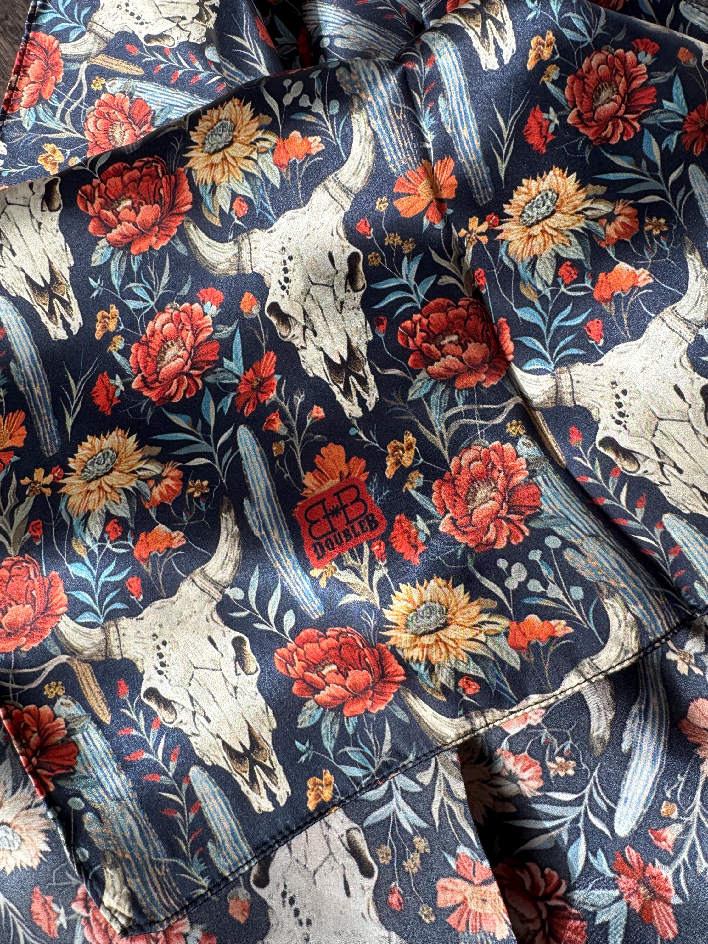 100% Silk Wild Rag Navy Blue Cow skulls and Cactus Double B Wild Rags