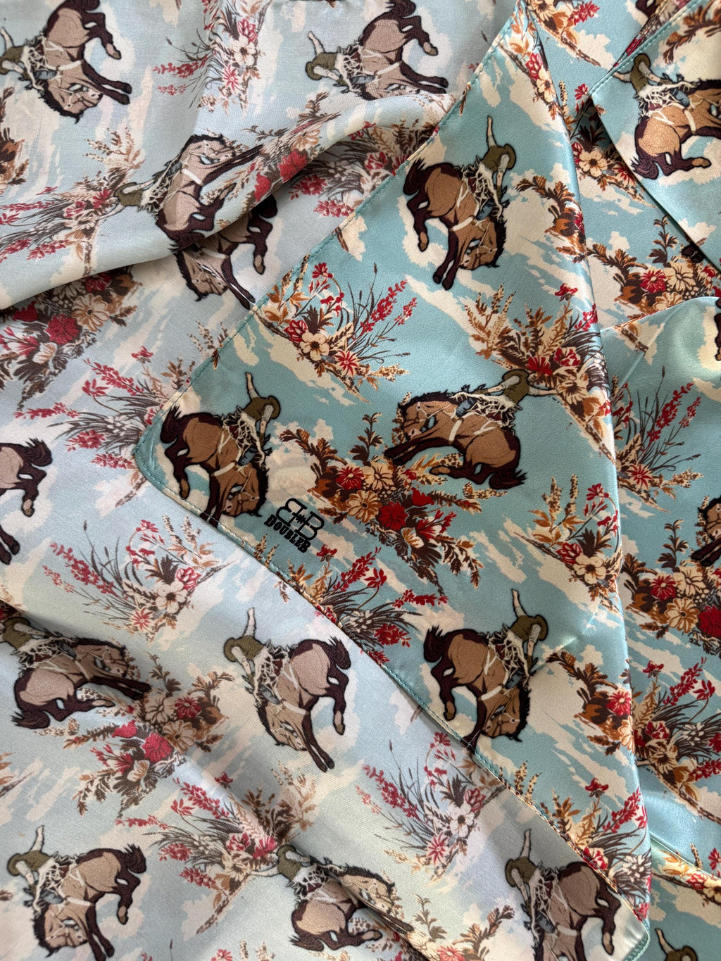 100% Silk Wild Rag Dusty Blue Cowboys and Floral by Double B Wild Rags