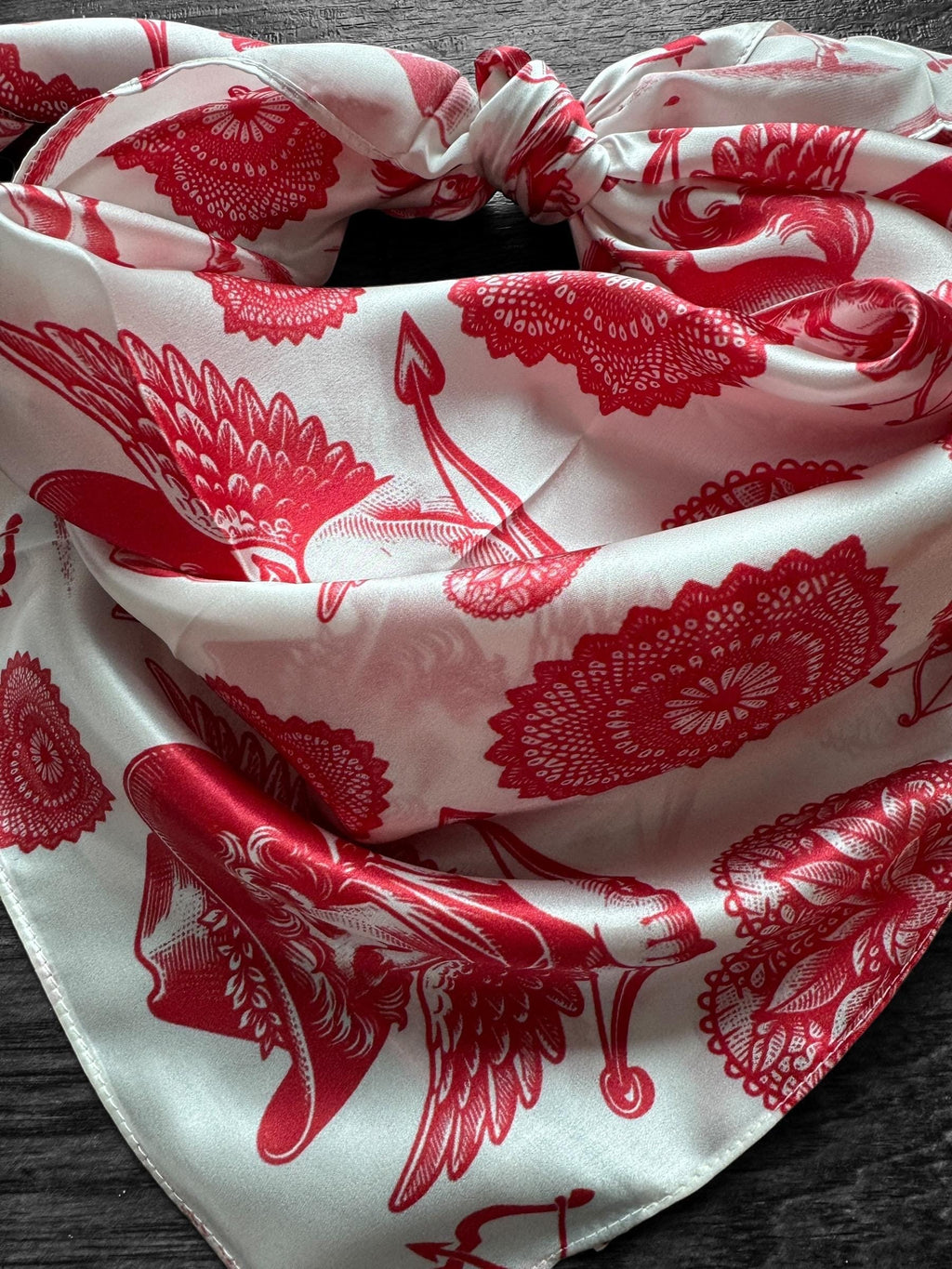 100% Silk Wild Rag Cowboy Cherubs and Hearts red and white Valentines