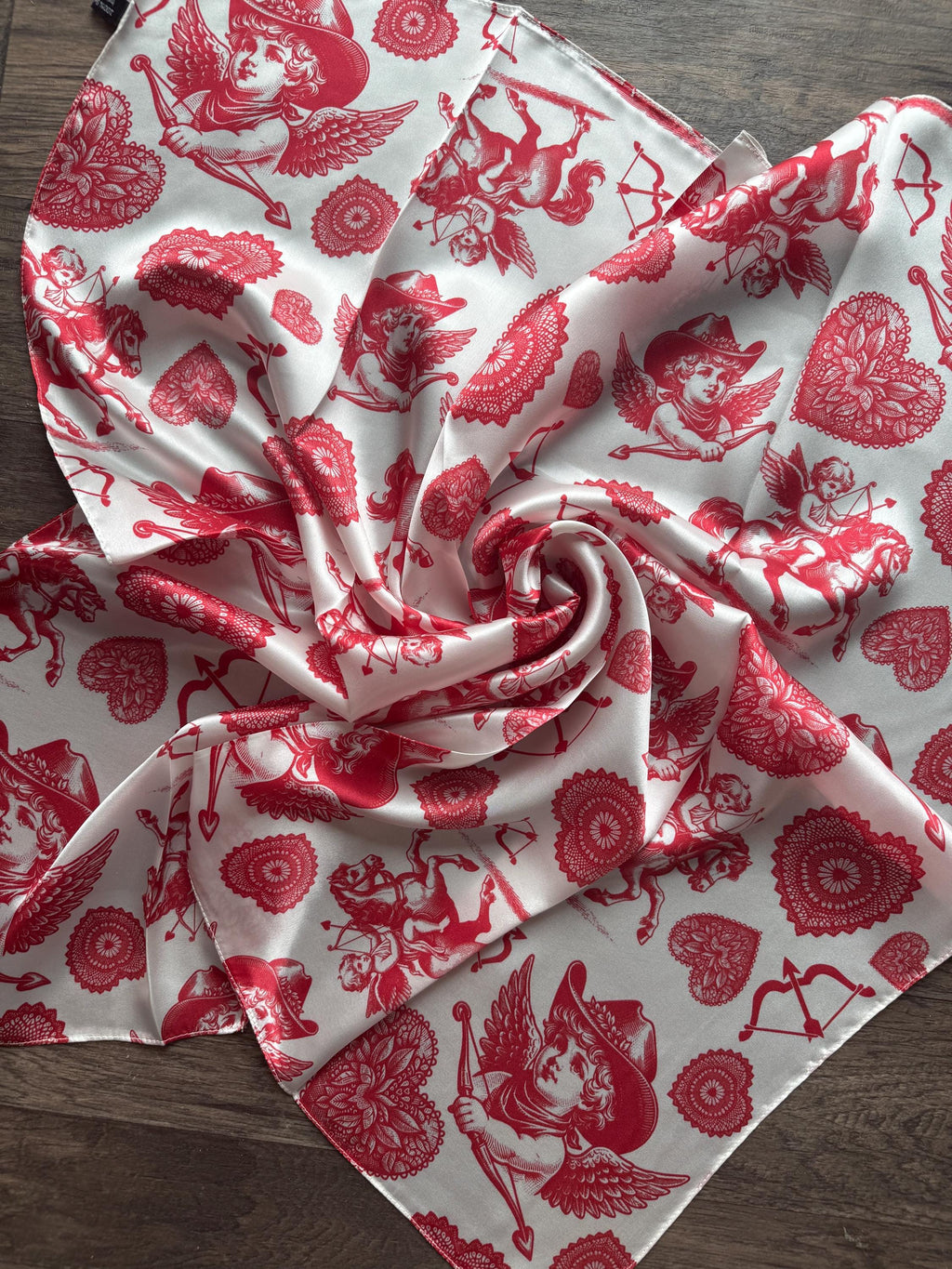 100% Silk Wild Rag Cowboy Cherubs and Hearts red and white Valentines