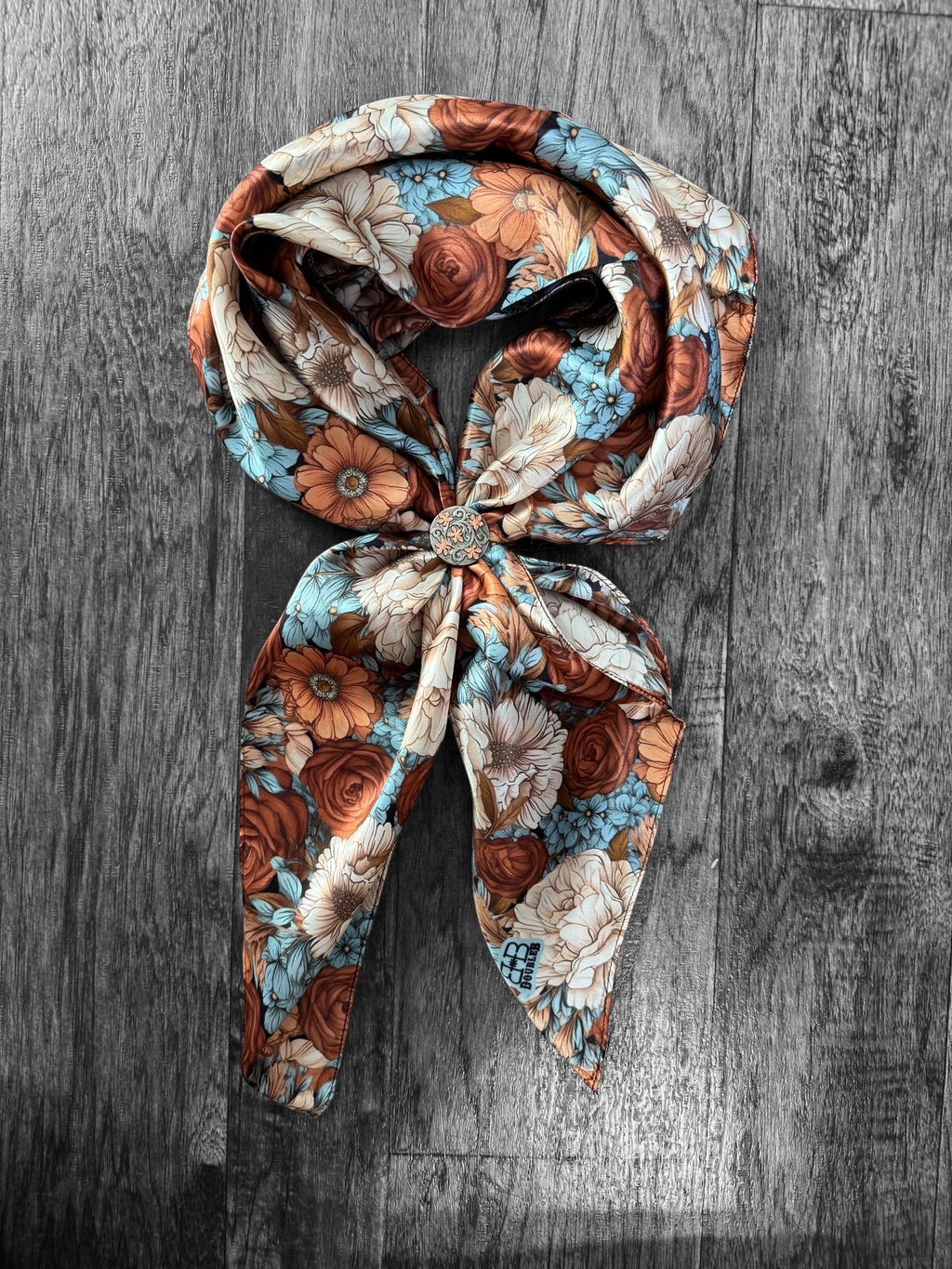 100% Silk Wild Rag Blue, Rust, Ivory, Brown floral by Double B Wild Rags