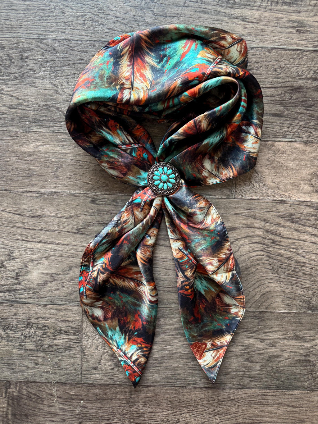 100% Silk Wild Rag Deep Rust Brown and Teal Feathers by Double B Wild Rags