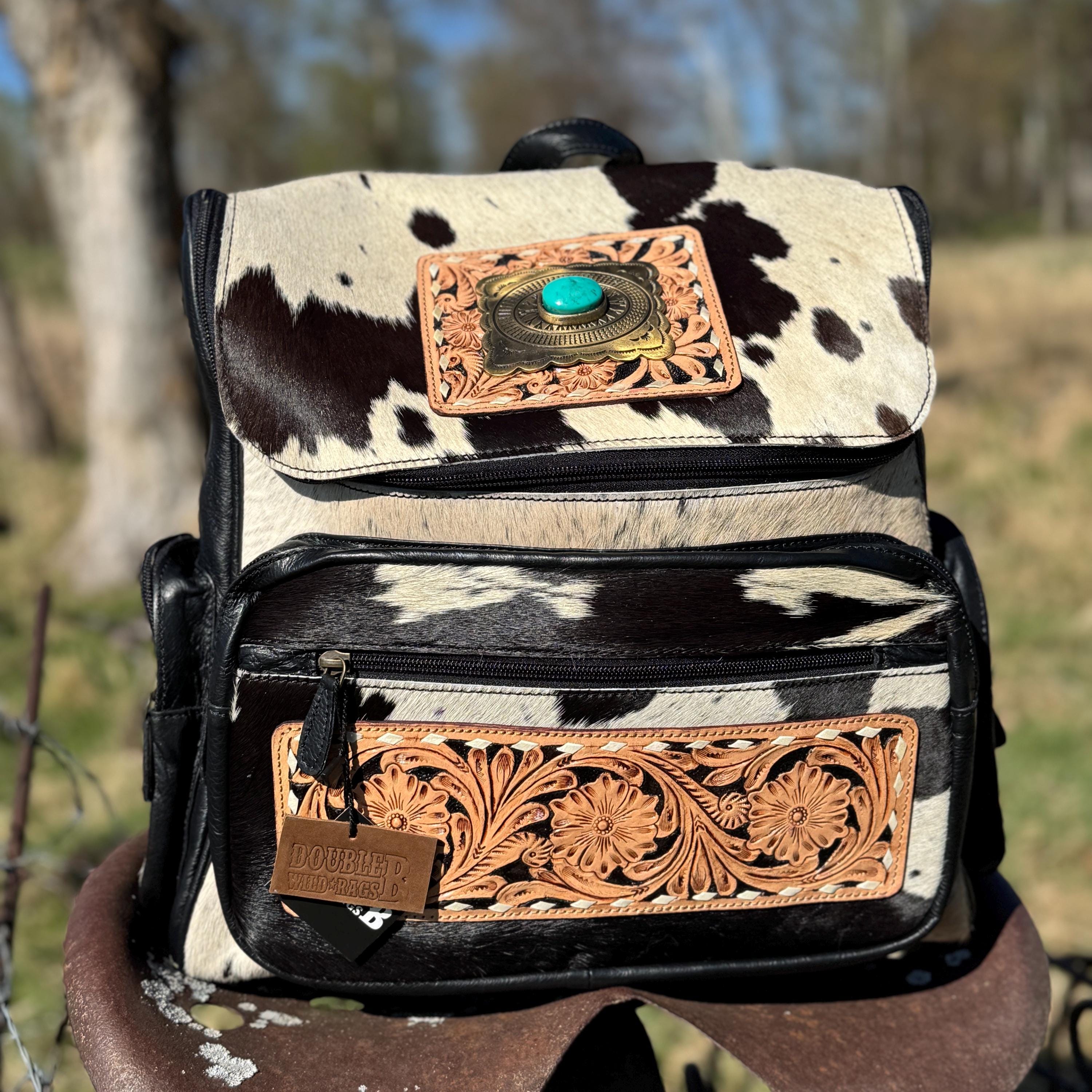 Genuine Western Cowhide Leather Backpack Diaper Bag Personal Item carry-on luggage