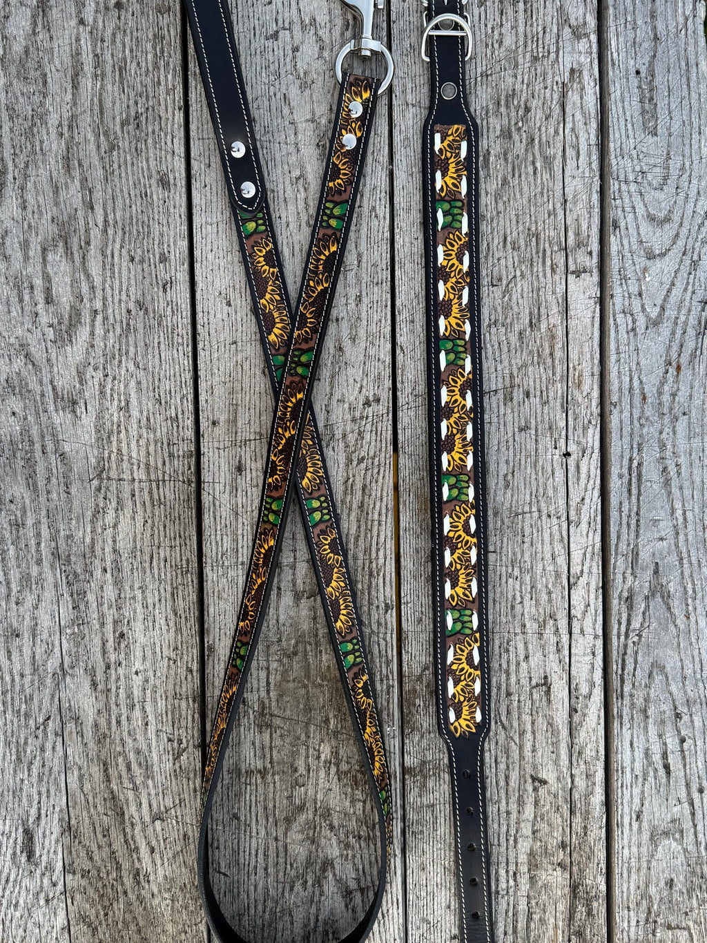 Western Genuine Leather dog collar or leash tooled details of sunflower daisy cactus floral turquoise feather by Double B Wild Rags