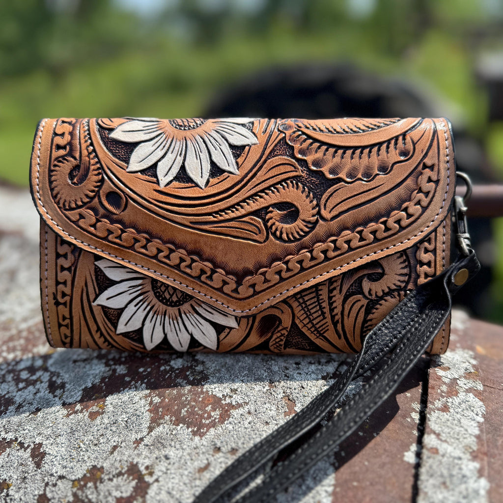 Genuine Western Cowhide Leather Purse or Clutch with white daisy floral painted details a Double B Wild Rags Exclusive