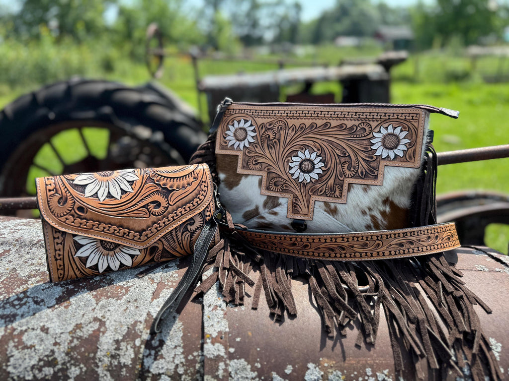 Genuine Western Cowhide Leather Purse or Clutch with white daisy floral painted details a Double B Wild Rags Exclusive