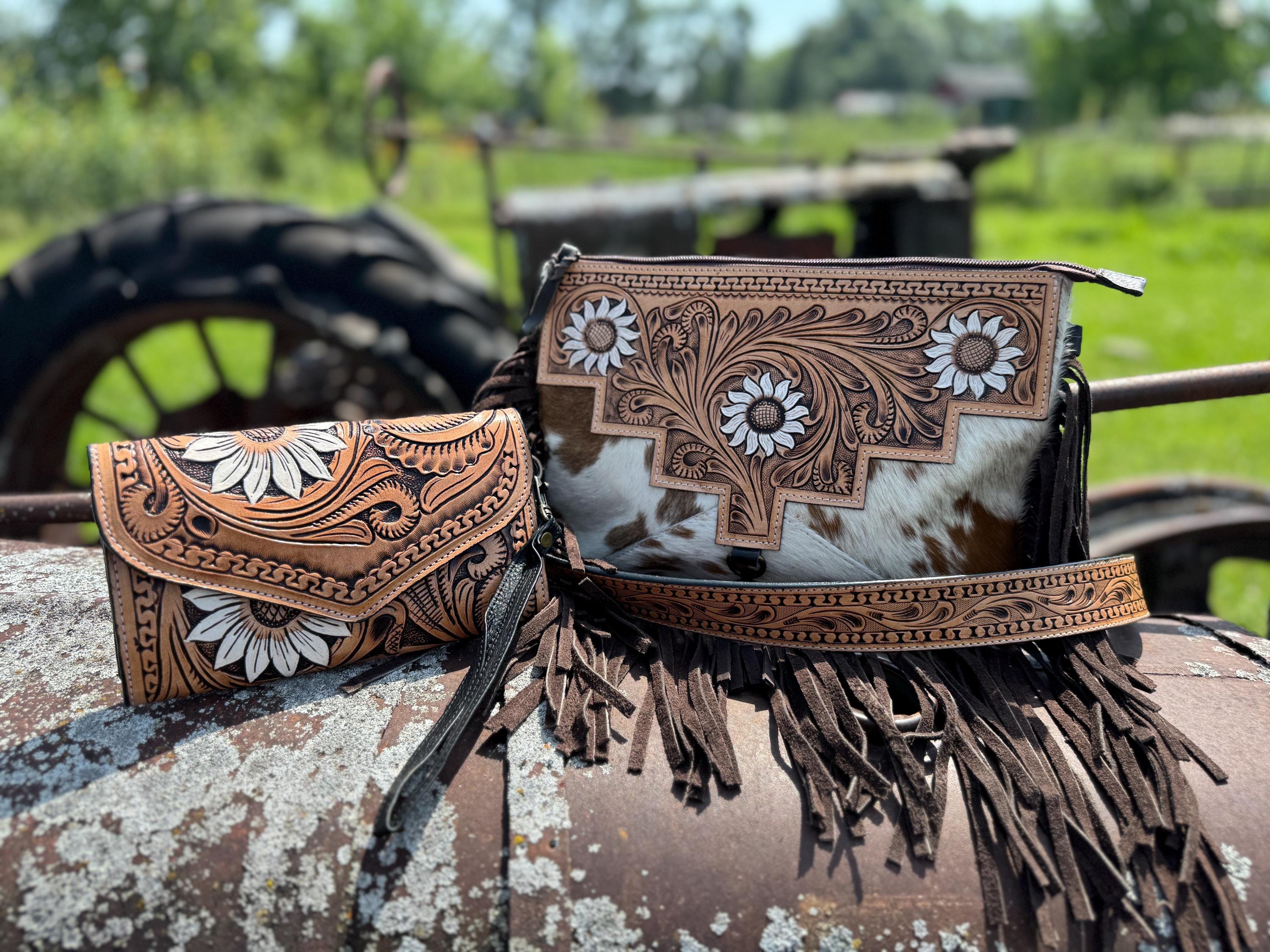 Genuine Western Cowhide Leather Purse or Clutch with white daisy floral painted details a Double B Wild Rags Exclusive