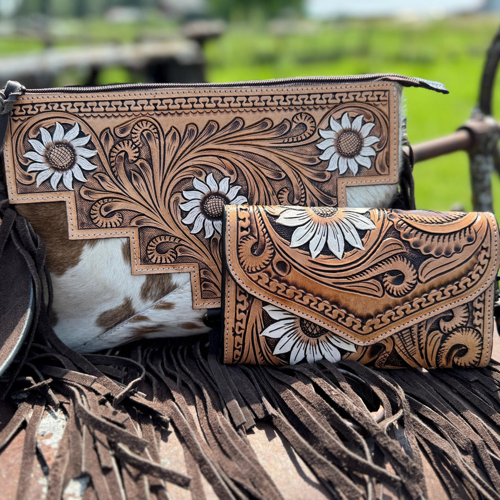 Genuine Western Cowhide Leather Purse or Clutch with white daisy floral painted details a Double B Wild Rags Exclusive