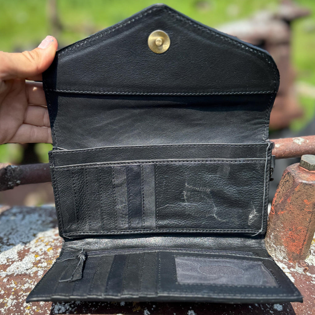 Genuine Western Cowhide Leather Purse or Clutch with Dark Sunflower painted details a Double B Wild Rags Exclusive