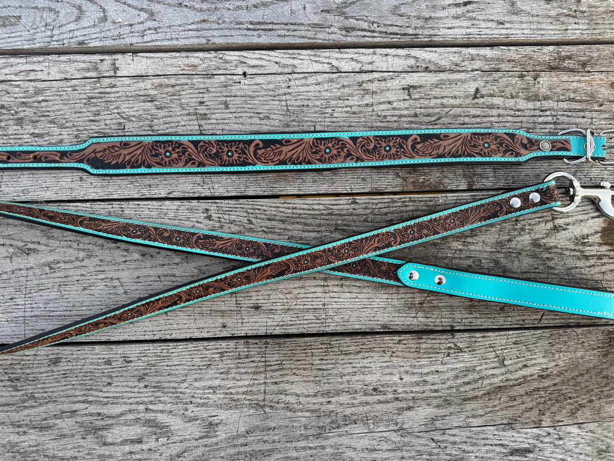 Western Genuine Leather dog collar or leash tooled details of sunflower daisy cactus floral turquoise feather by Double B Wild Rags