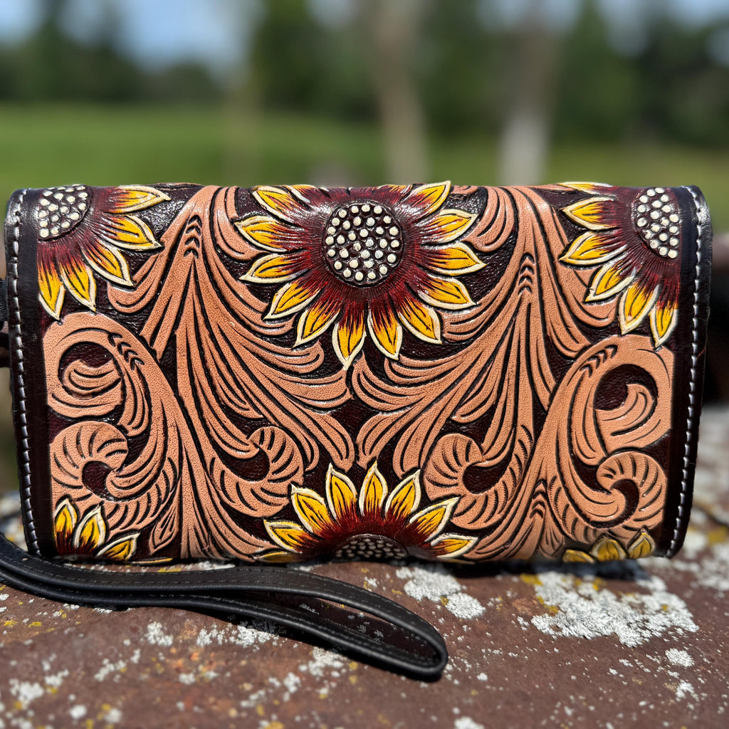 Genuine Western Cowhide Leather Purse or Clutch with Dark Sunflower painted details a Double B Wild Rags Exclusive