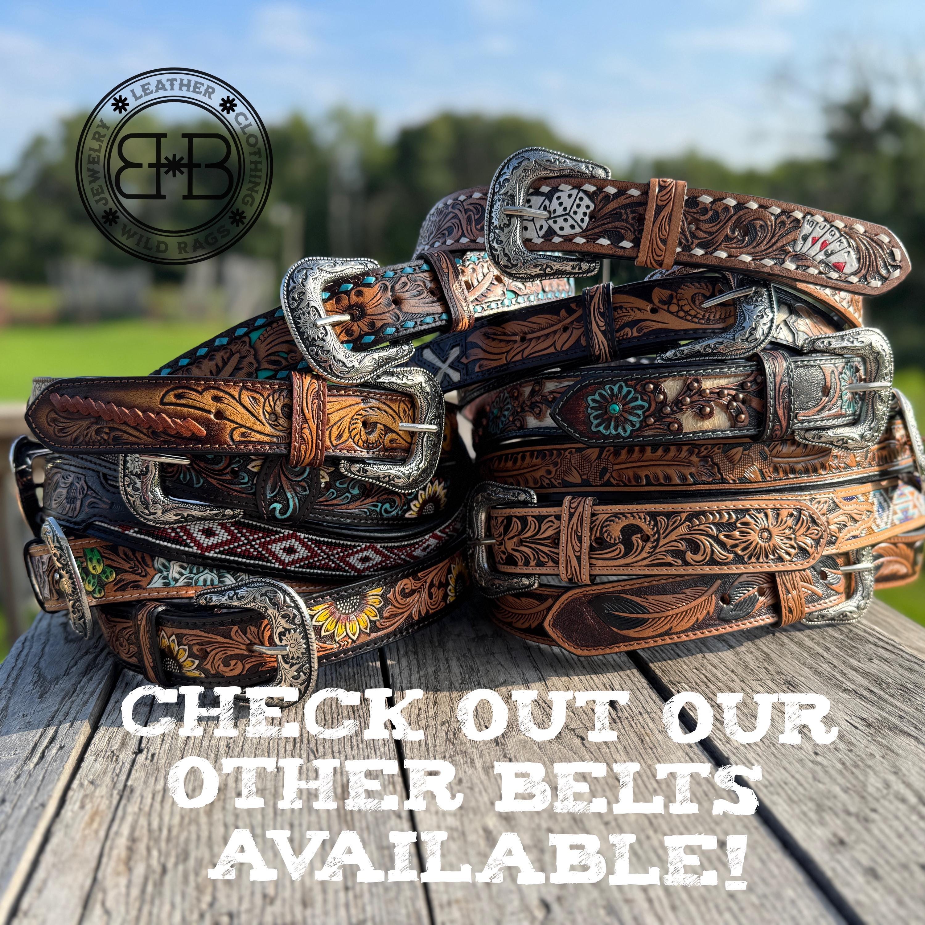 Genuine Leather Western Belt with tooled feathers and Cross cut outs by Double B Wild Rags