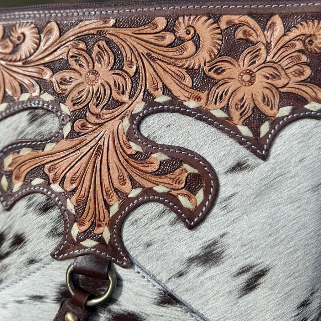 Brown Genuine Western Cowhide Leather Purse with black and brown fringe