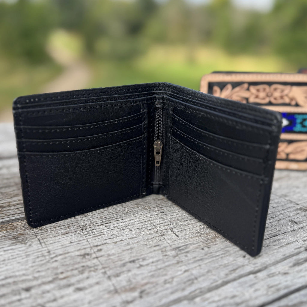 Men’s Western bi-fold wallet tooled with seed bead details by Double B Wild Rags