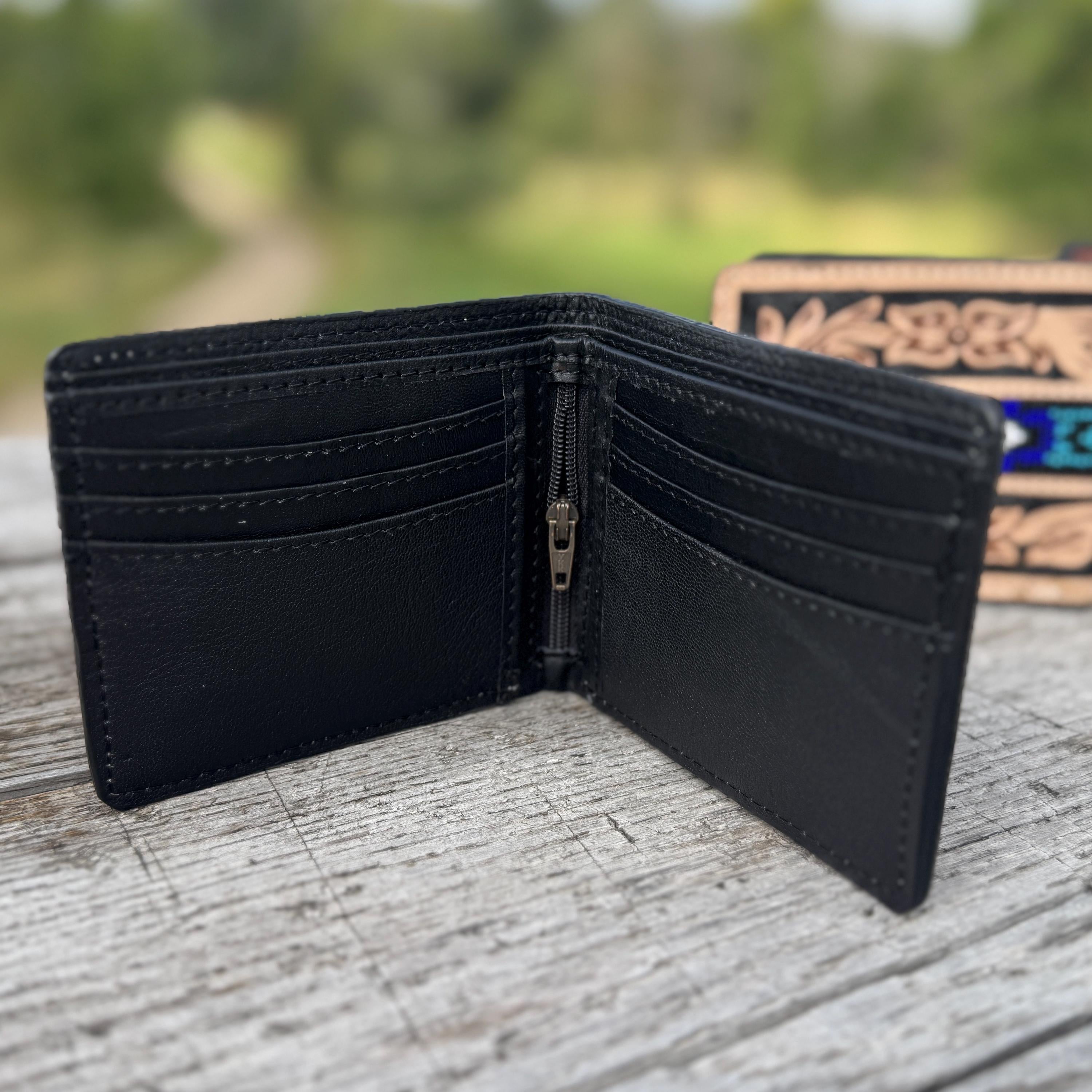 Men’s Western bi-fold wallet tooled with seed bead details by Double B Wild Rags