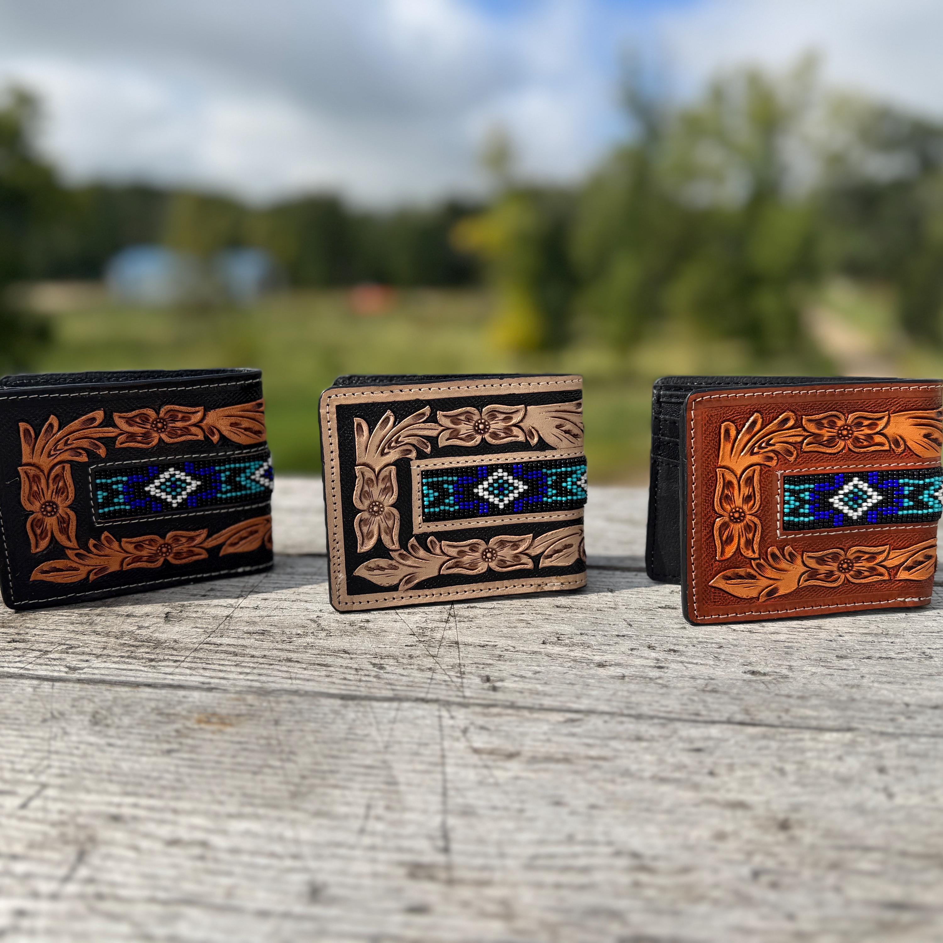 Men’s Western bi-fold wallet tooled with seed bead details by Double B Wild Rags
