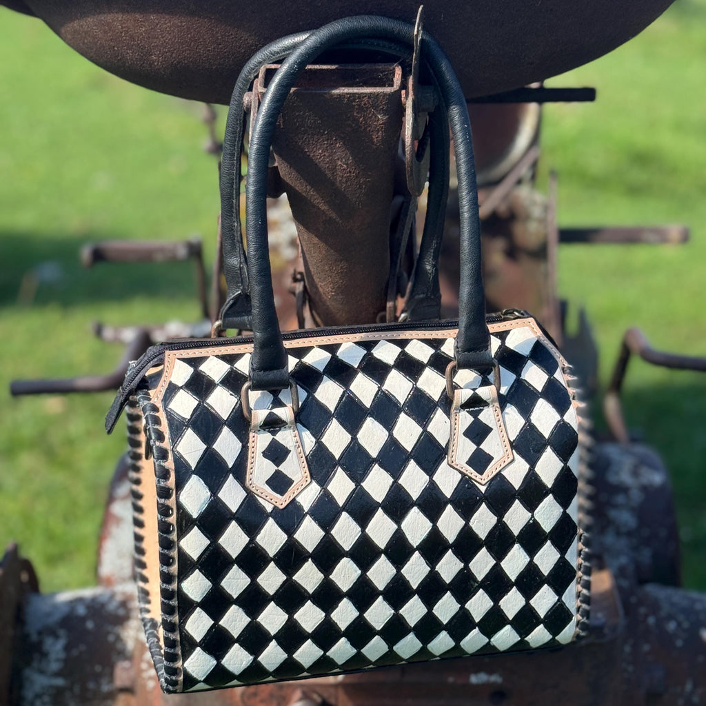 Black and White Speedy Checkered Genuine Western Cowhide Leather Purse