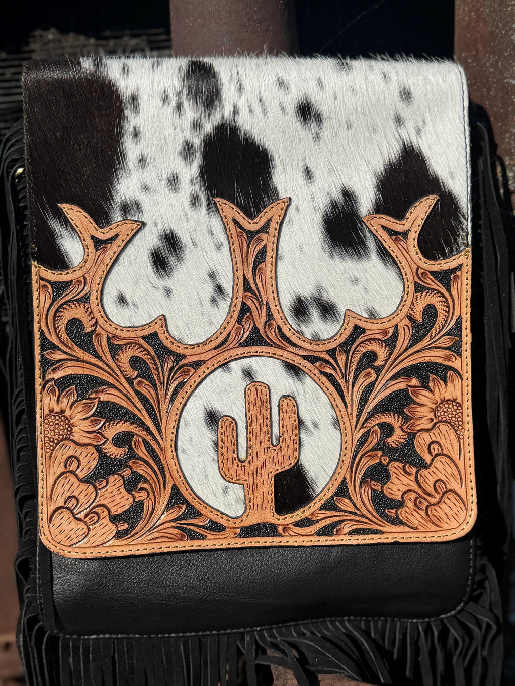 Genuine Western Cowhide Leather Purse and Wallet set with fringe and Cactus Tooling