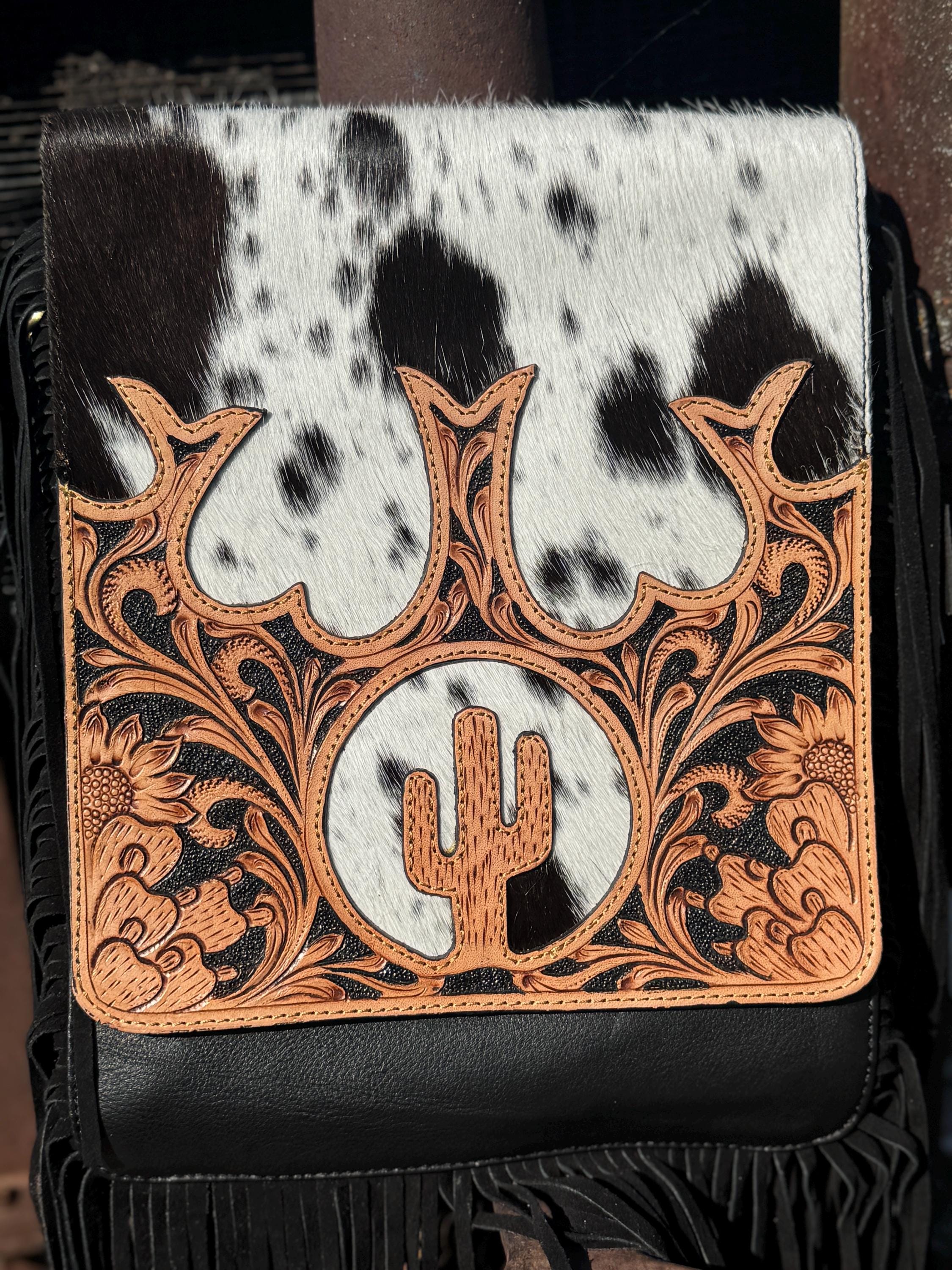Genuine Western Cowhide Leather Purse and Wallet set with fringe and Cactus Tooling