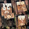 Genuine Western Cowhide Leather Purse and Wallet set with fringe and Cactus Tooling