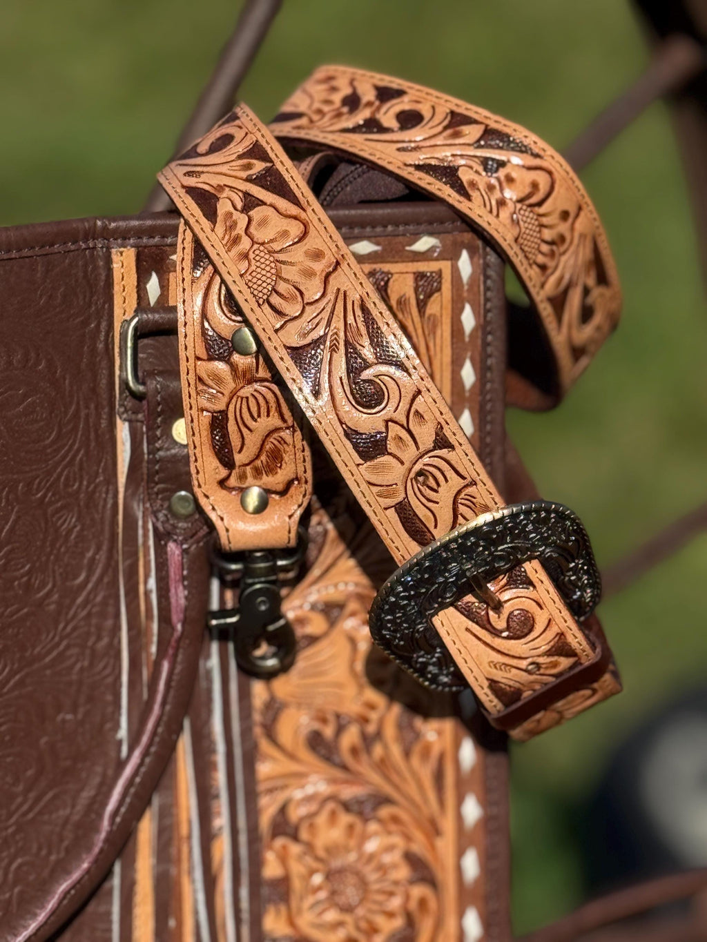 Genuine Western Leather Brown laptop messenger briefcase bag with tooled and embossed leather  by Double B Wild Rags