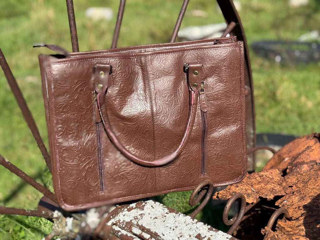 Genuine Western Leather Brown laptop messenger briefcase bag with tooled and embossed leather  by Double B Wild Rags
